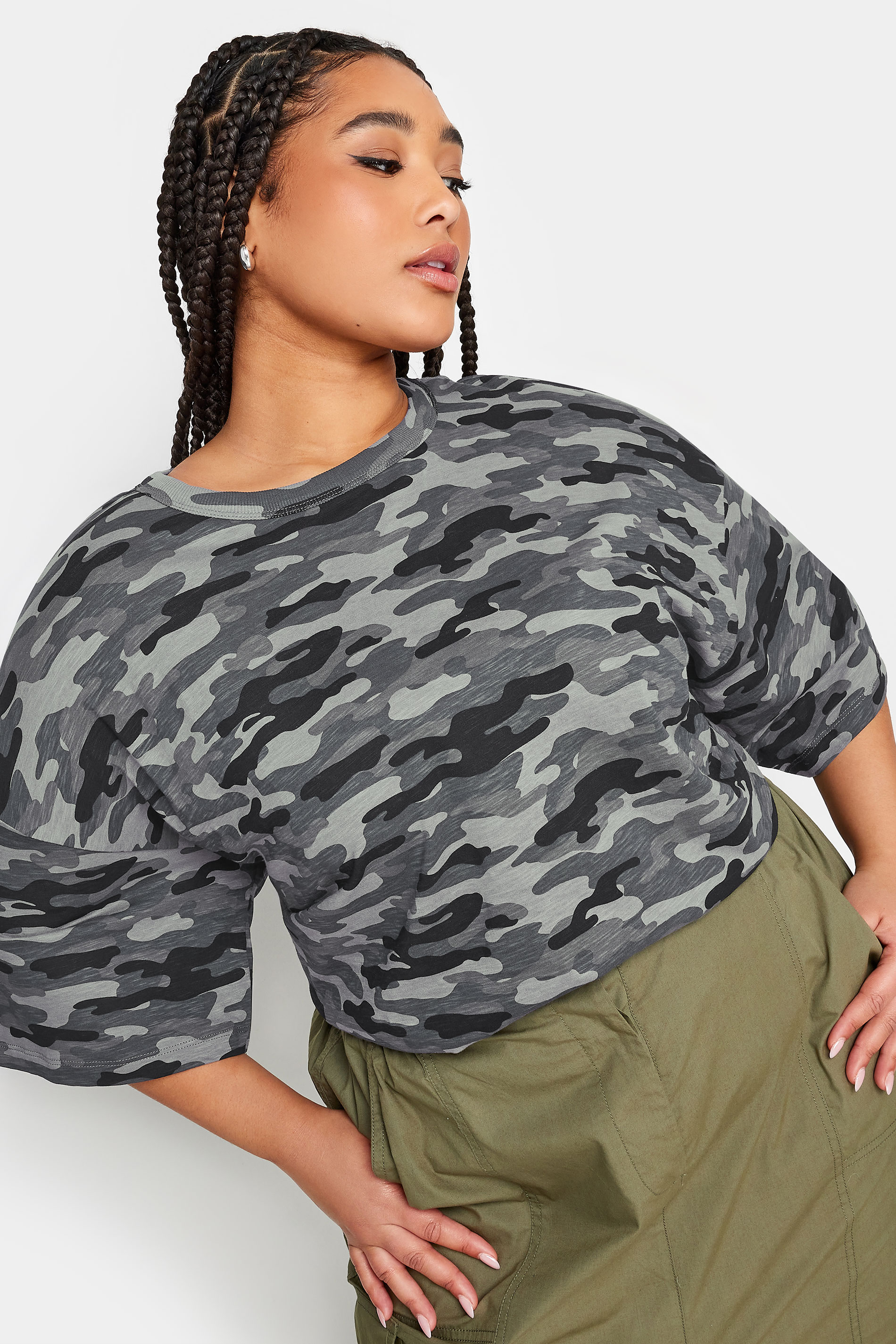 YOURS Plus Size Grey Camo Print Oversized Boxy T-Shirt | Yours Clothing  2
