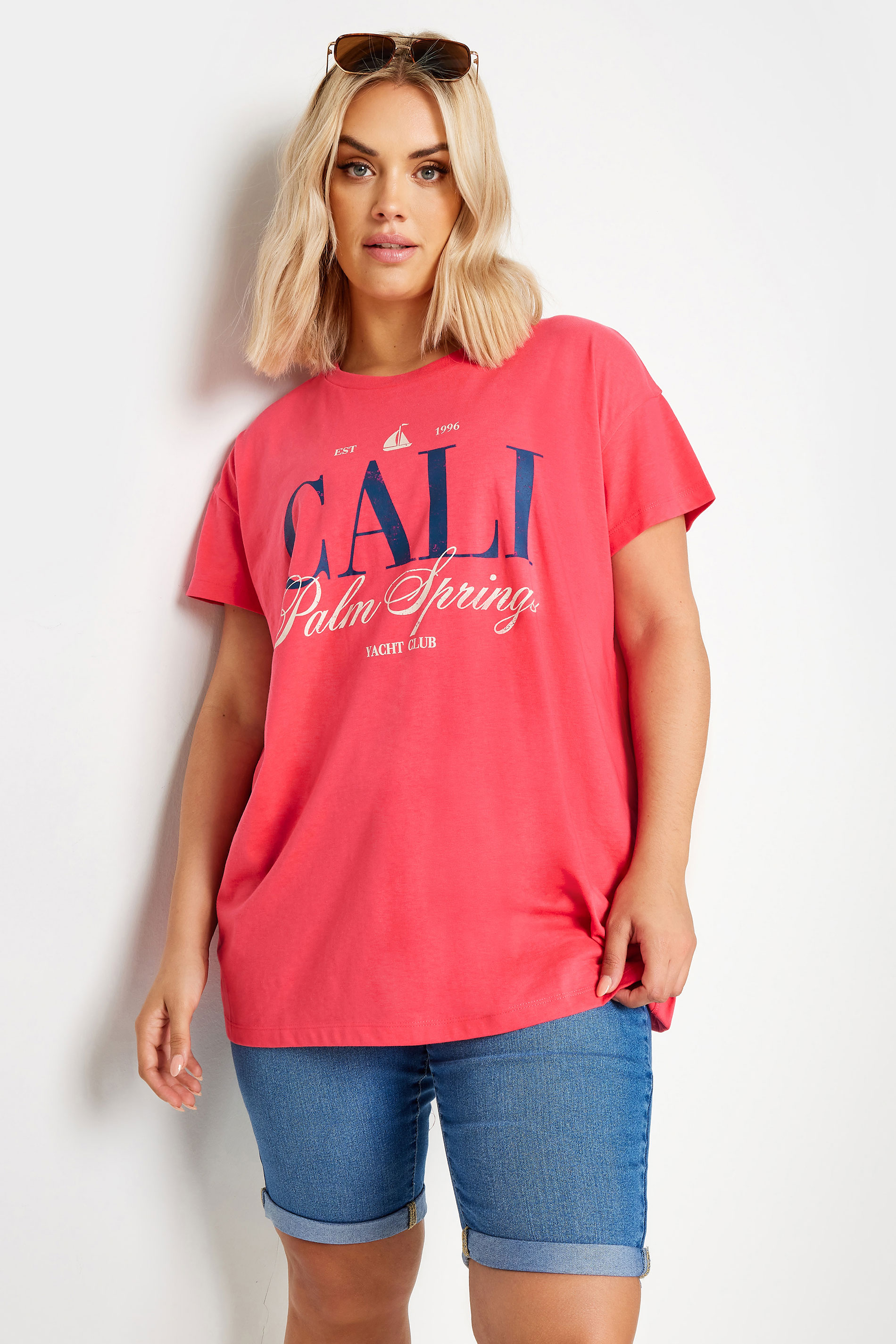 YOURS Plus Size Red 'Cali Palm Springs' Slogan T-Shirt | Yours Clothing 1