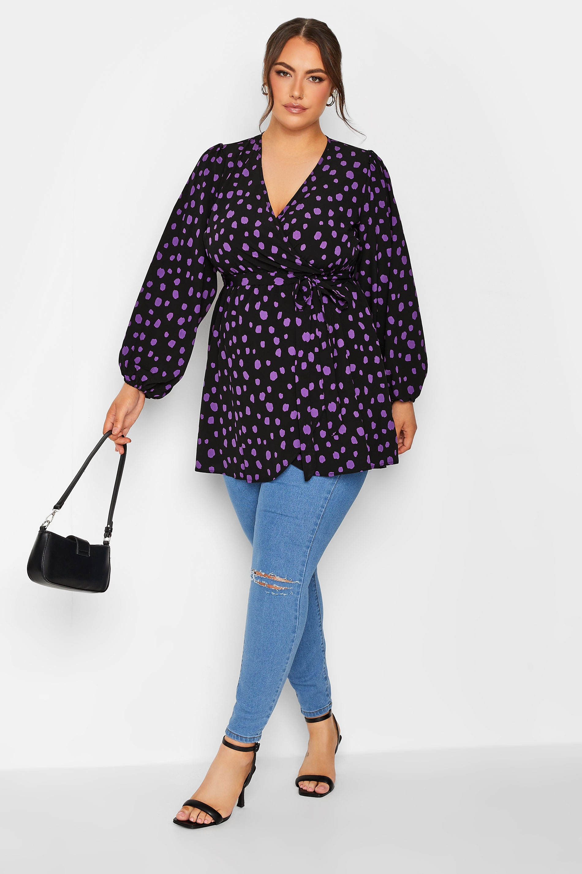 Plus Size Black & Purple Dalmatian Print Balloon Sleeve Wrap Top | Yours Clothing 2
