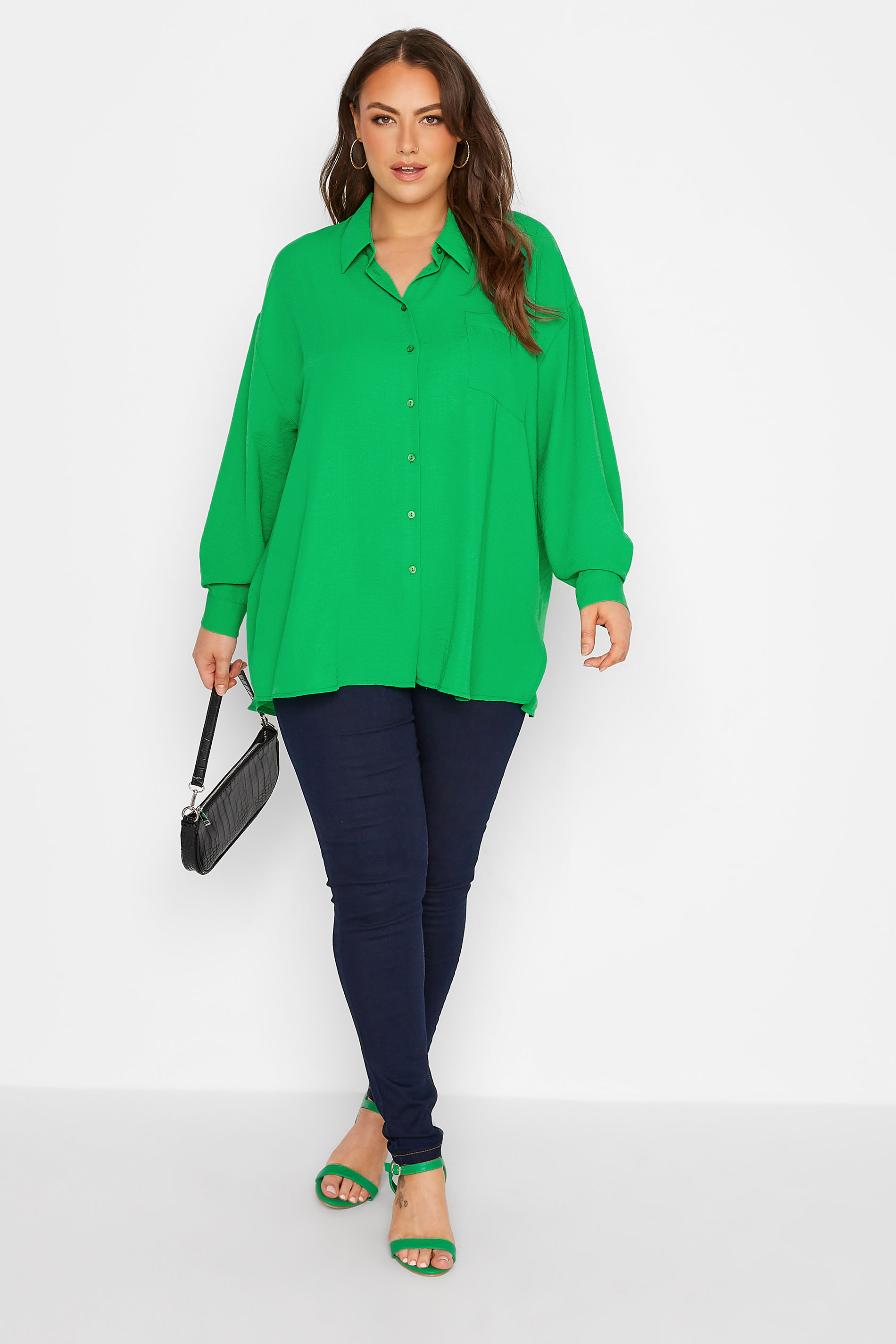 YOURS LONDON Plus Size Green Oversized Satin Shirt | Yours Clothing 2