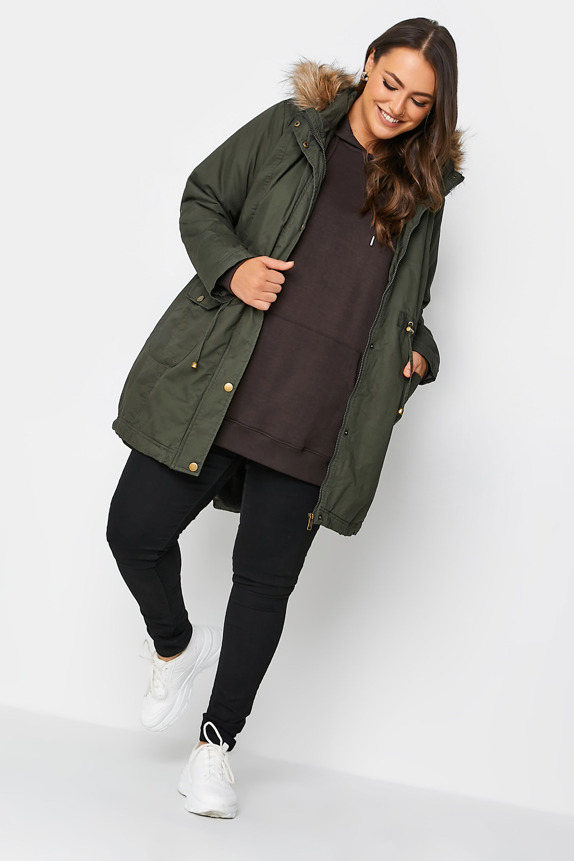 Plus Size Khaki Green Faux Fur Lined Hooded Parka | Yours Clothing 3