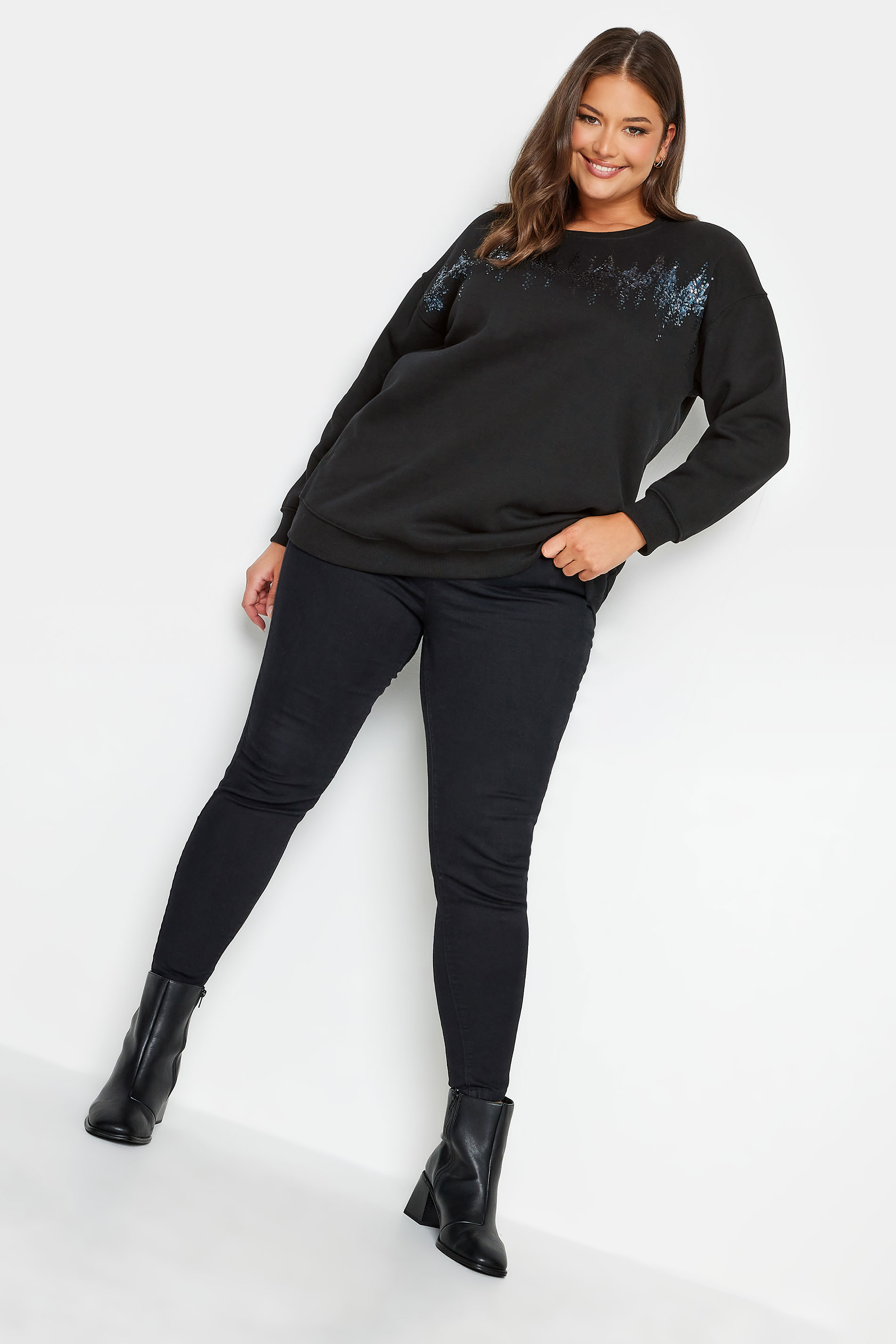 YOURS LUXURY Plus Size Black Zig Zag Sequin Embellished Sweatshirt | Yours Clothing 2