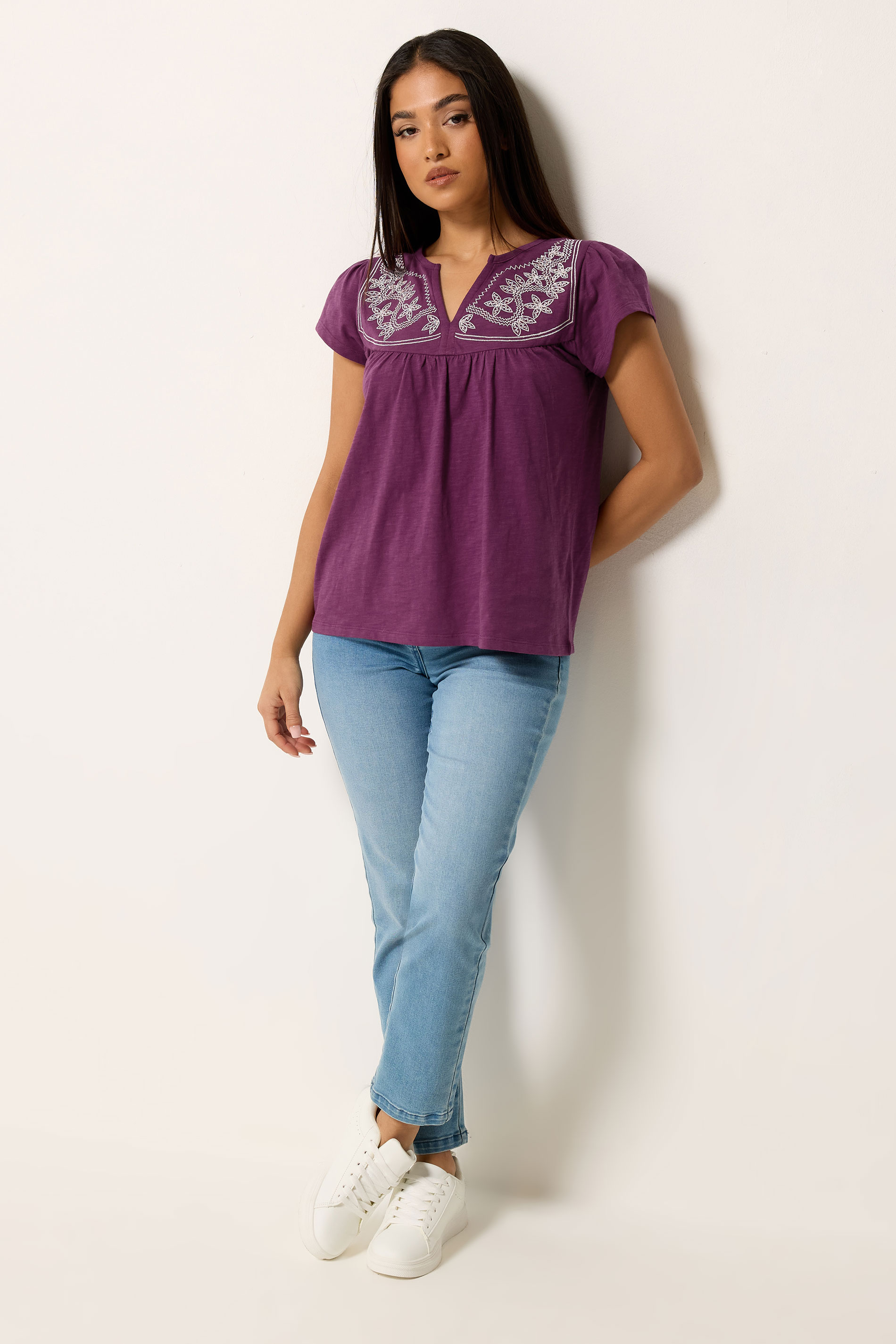 M&Co Petite Berry Purple Embroidered Cotton Notch Neck Top | M&Co  1