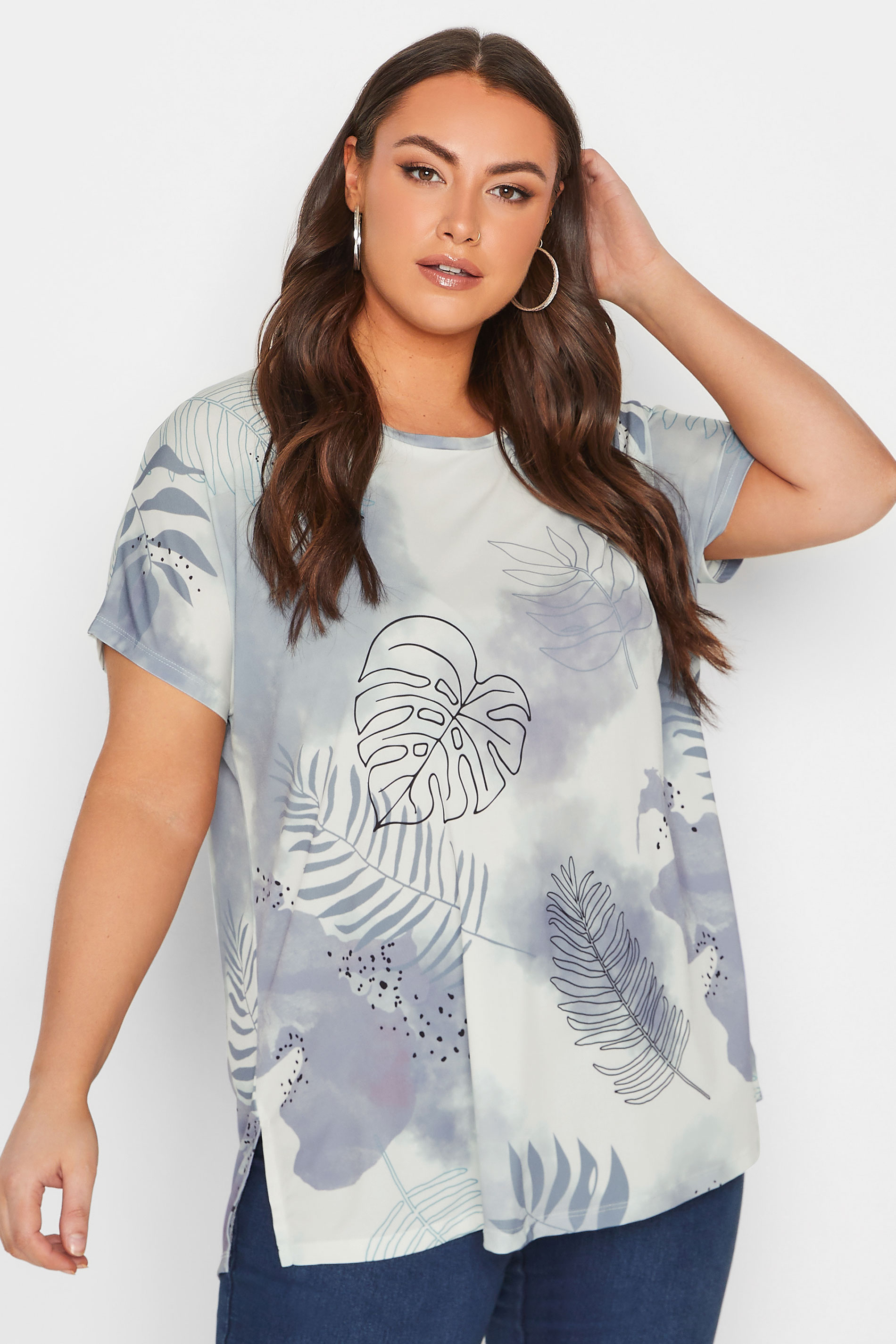 YOURS Curve Plus Size Light Grey Leaf Print T-Shirt | Yours Clothing  1