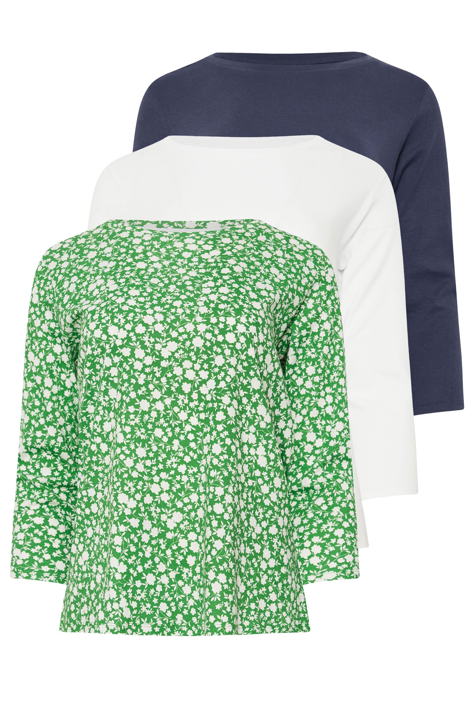M&Co 3 PACK Green & White Ditsy Floral Cotton Tops | M&Co 3