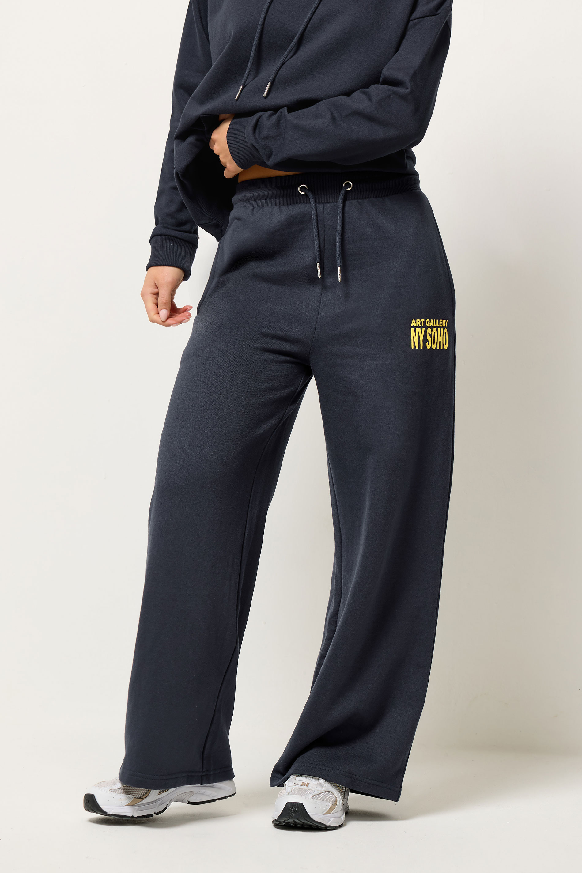 PixieGirl Petite Women's Blue 'NY Soho' Slogan Wide Leg Joggers | PixieGirl  1