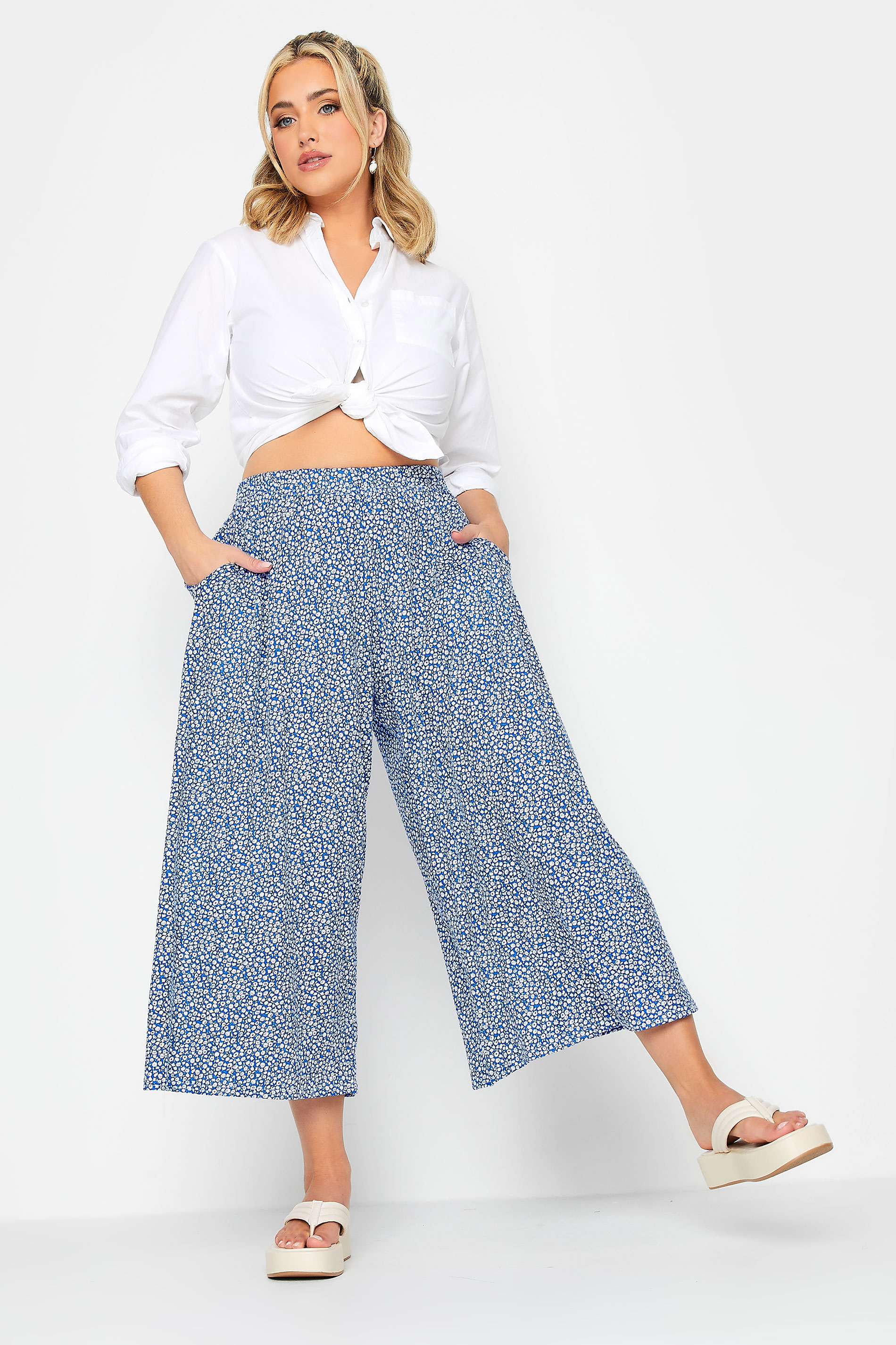 LIMITED COLLECTION Plus Size Blue Ditsy Print Extra Wide Leg Culottes | Yours Clothing  2
