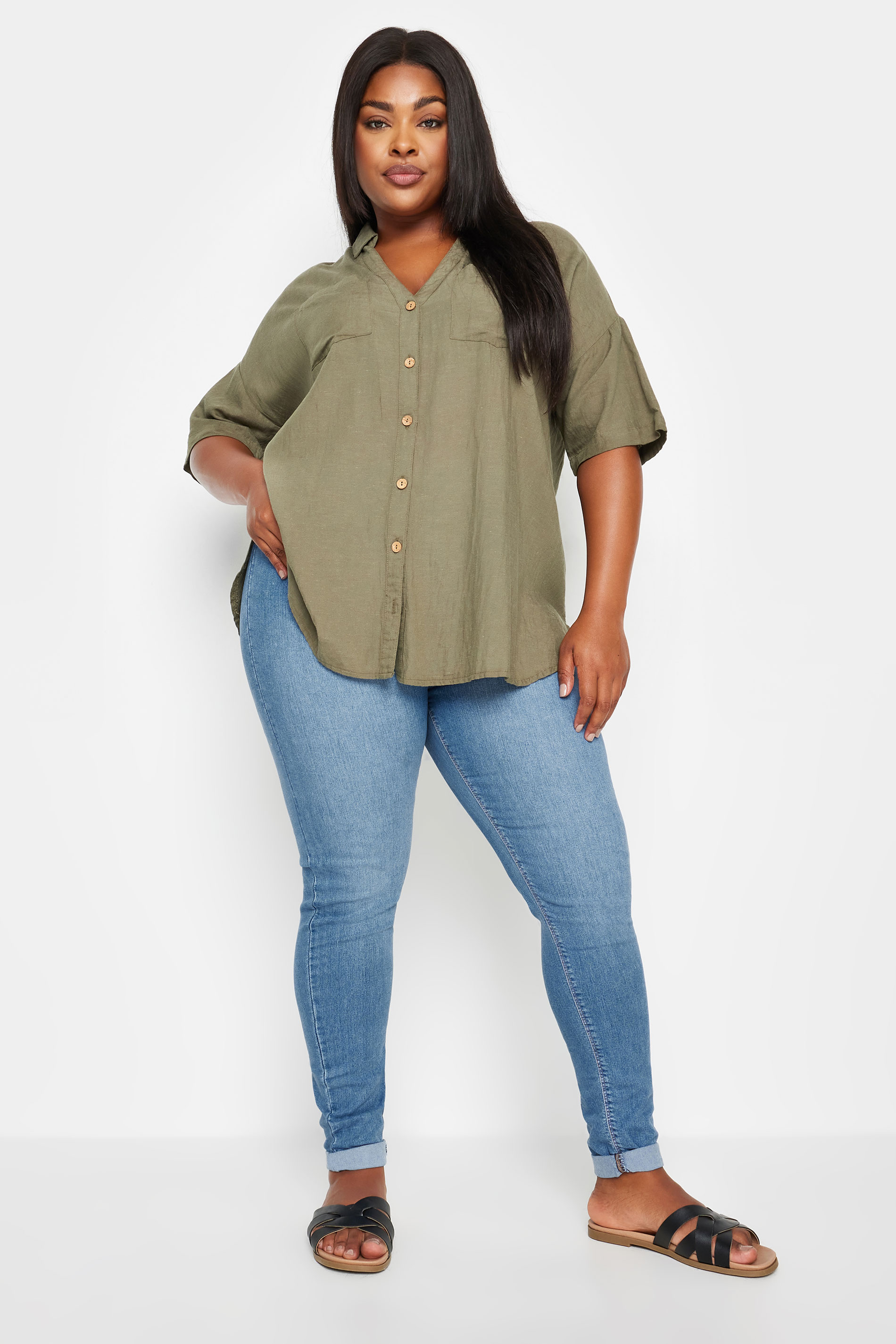YOURS Plus Size Blue Turn Up GRACE Jeggings | Yours Clothing 2