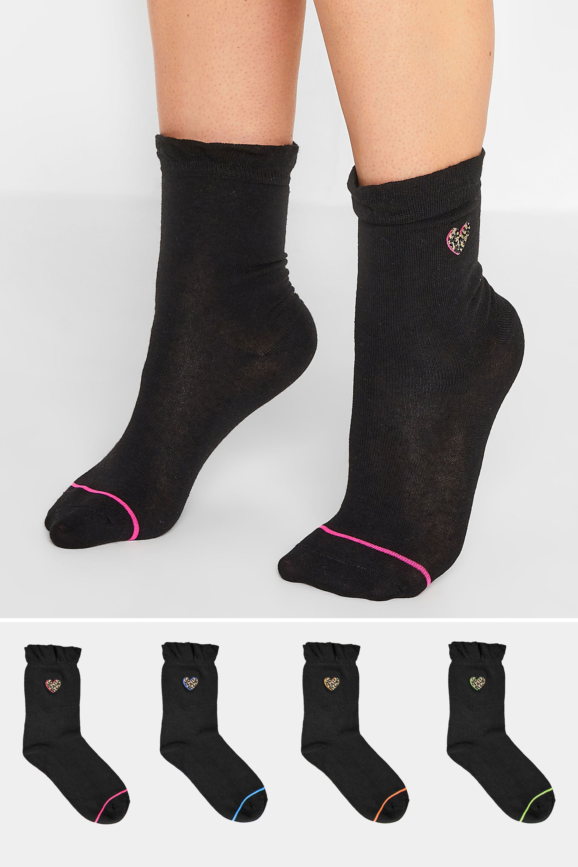 YOURS 4 PACK Black Embroidered Hearts Ankle Socks | Yours Clothing 1