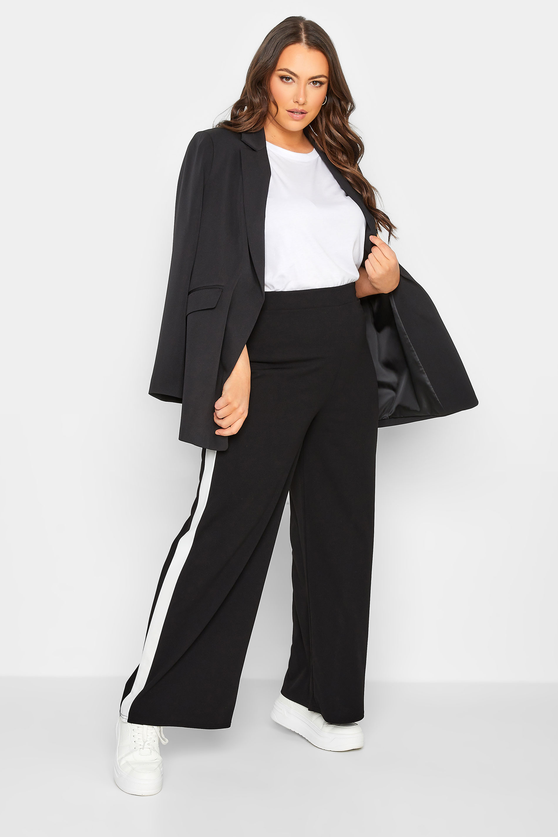 YOURS Plus Size Black & White Contrast Stripe Super Wide Leg Trousers | Yours Clothing 3