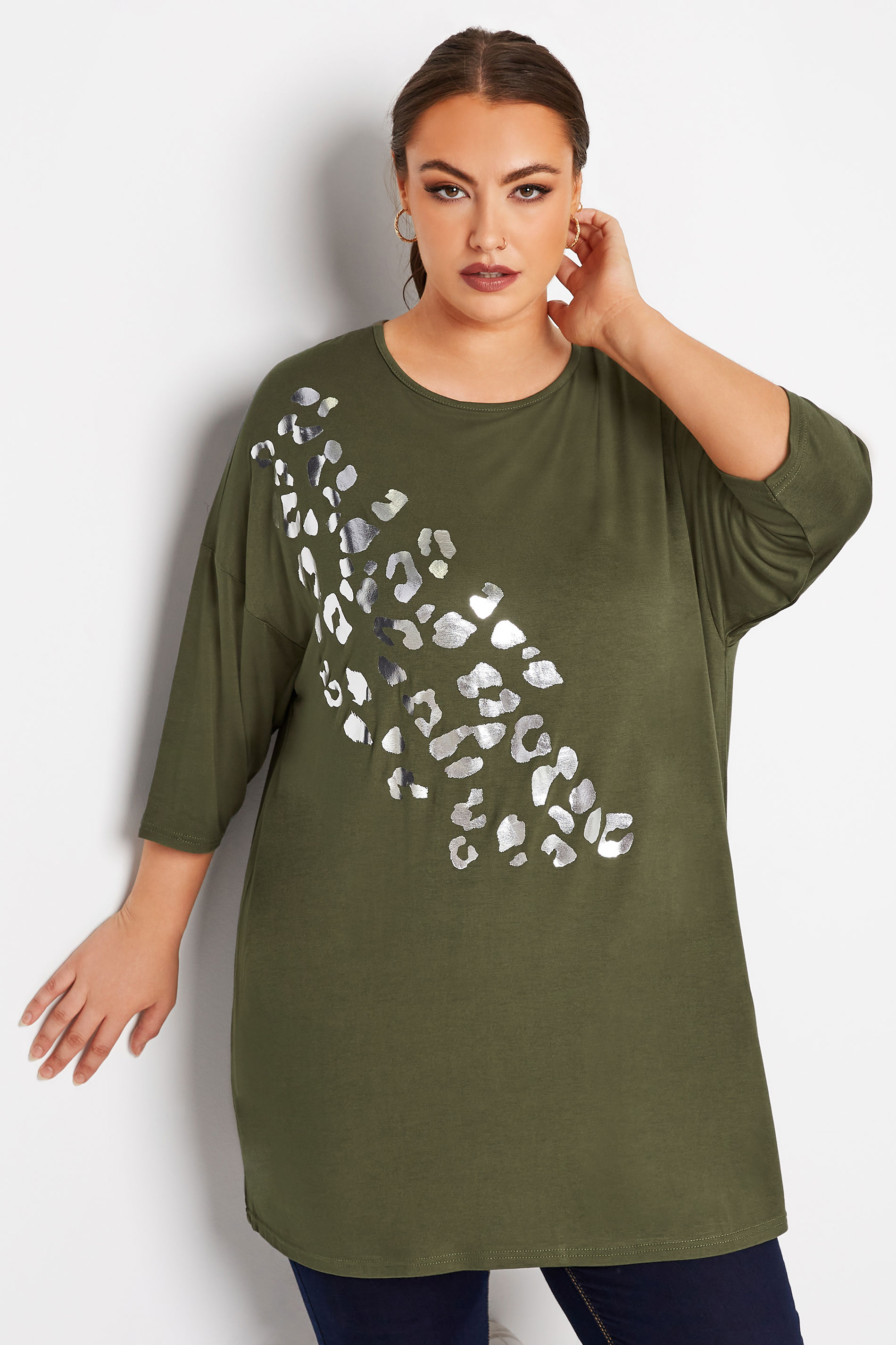 Plus Size LIMITED COLLECTION Khaki Green Foil Leopard Print Oversized T-Shirt | Yours Clothing  1