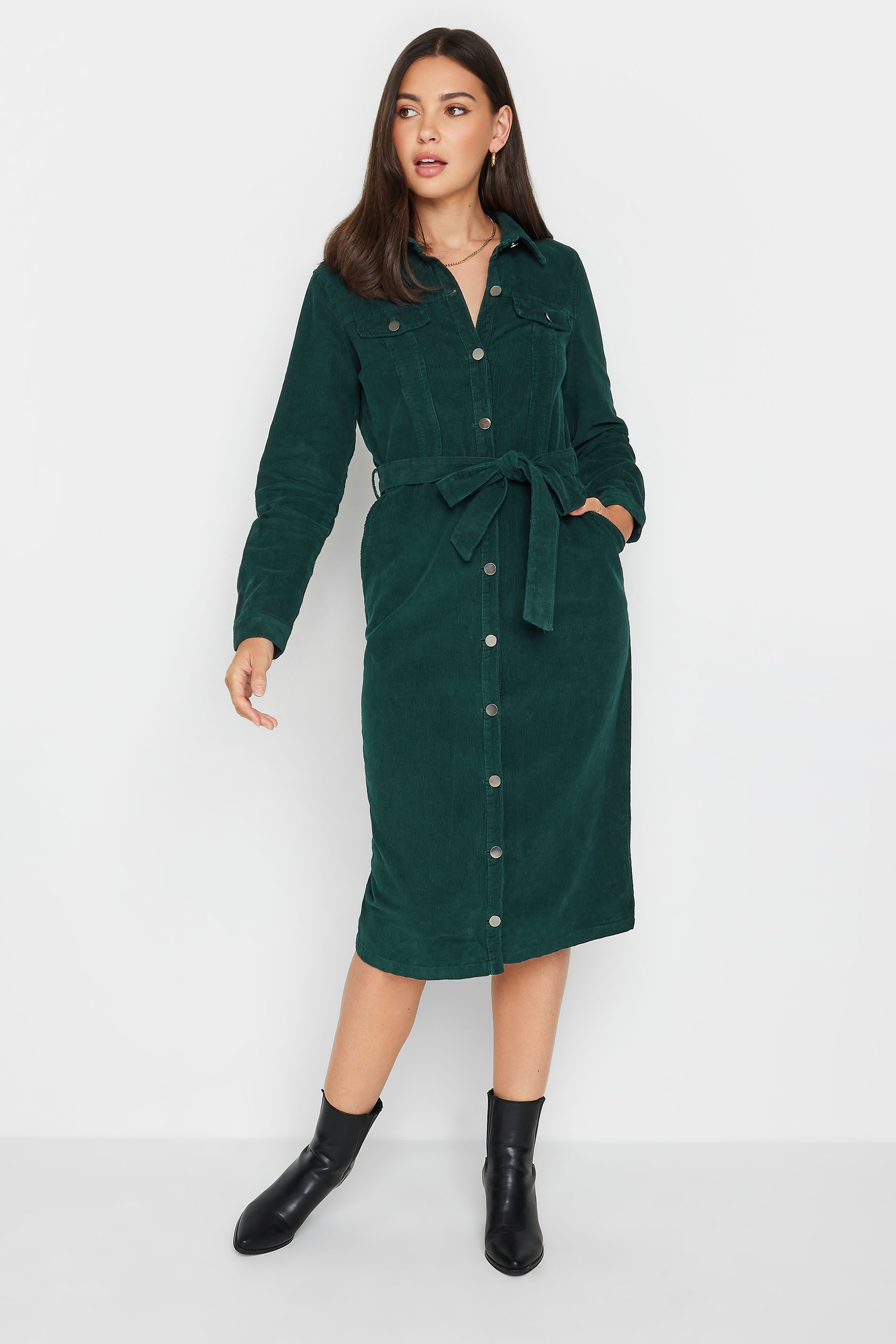 LTS Tall Womens Dark Green Cord Button Down Midi Dress | Long Tall Sally  2