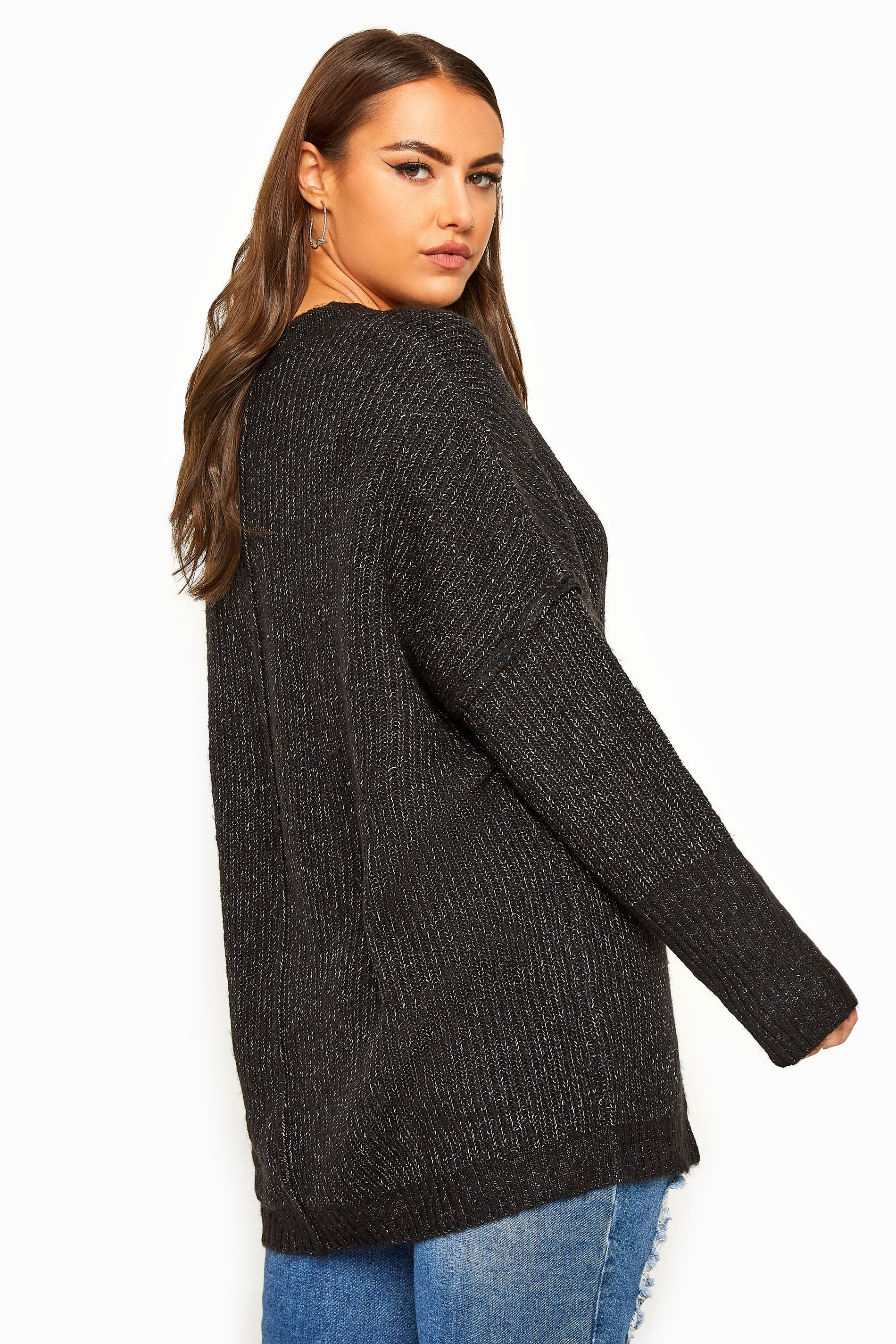 Black Marl Oversized Knitted Jumper | Yours Clothing