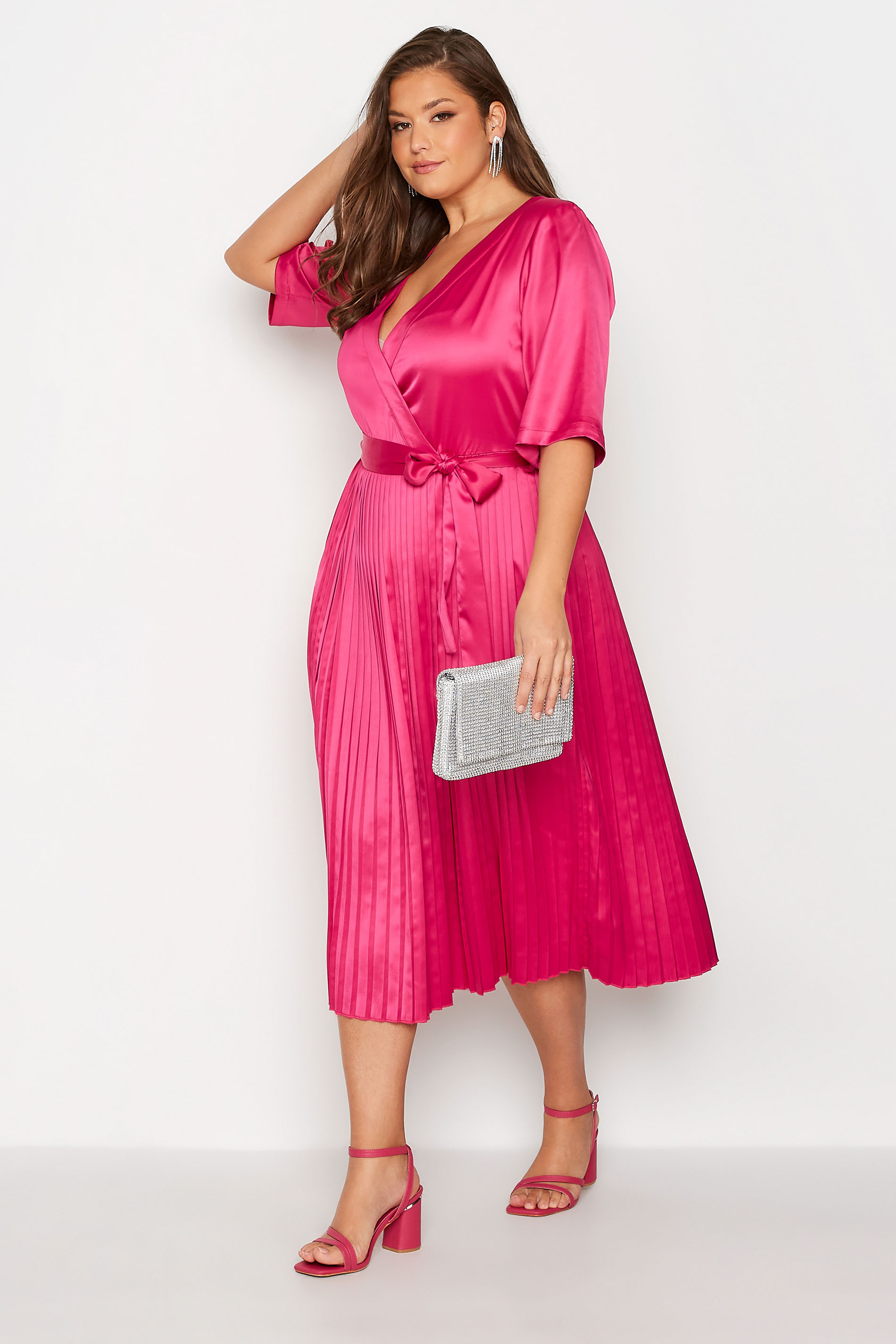 YOURS LONDON Plus Size Pink Satin Pleated Wrap Dress | Yours Clothing 1