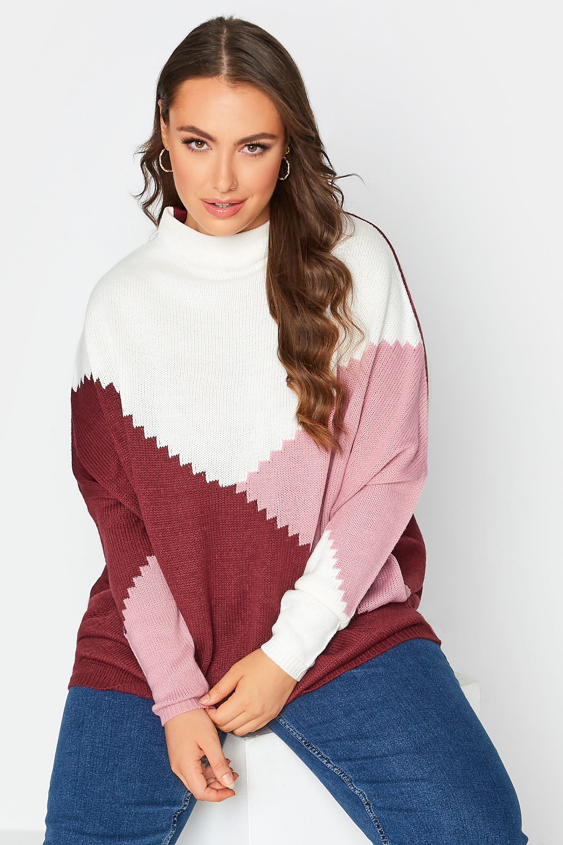 Curve White & Pink Colour Block Turtle Neck Oversized Jumper | Yours Clothing 1