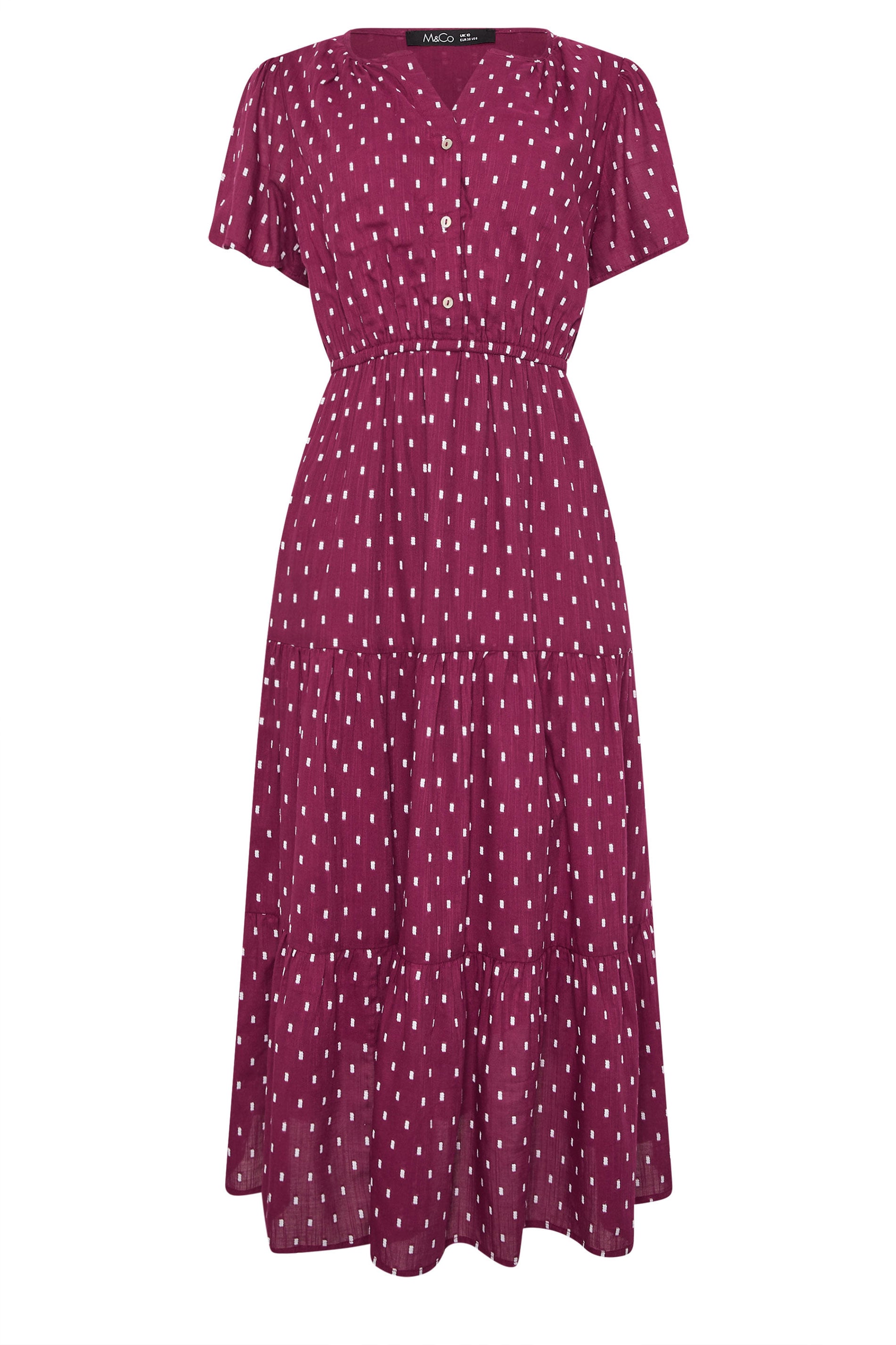 M&Co Berry Red Dobby Tiered Cotton Midi Dress | M&Co 5