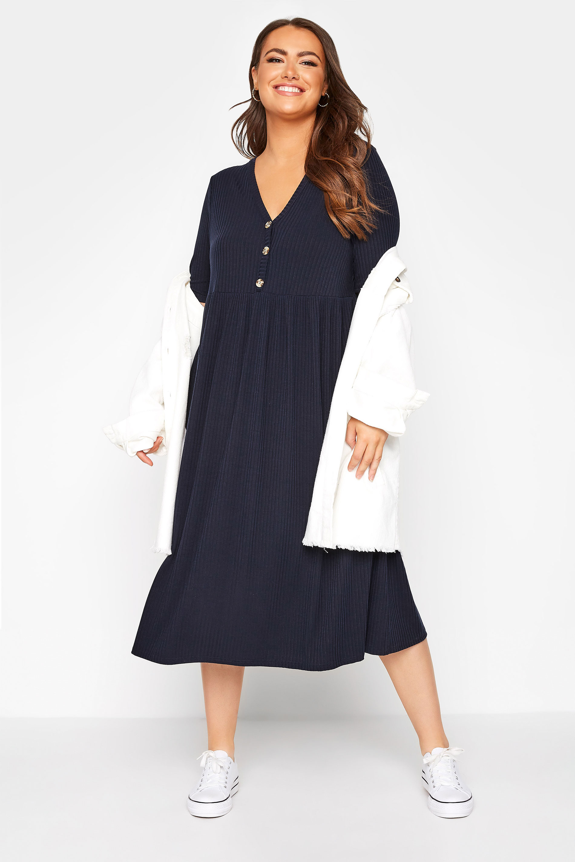 Robes Grande Taille Grande taille  Robes Mi-Longue | LIMITED COLLECTION - Robe Midi Bleue Marine Nervuré Peplum - EX26888
