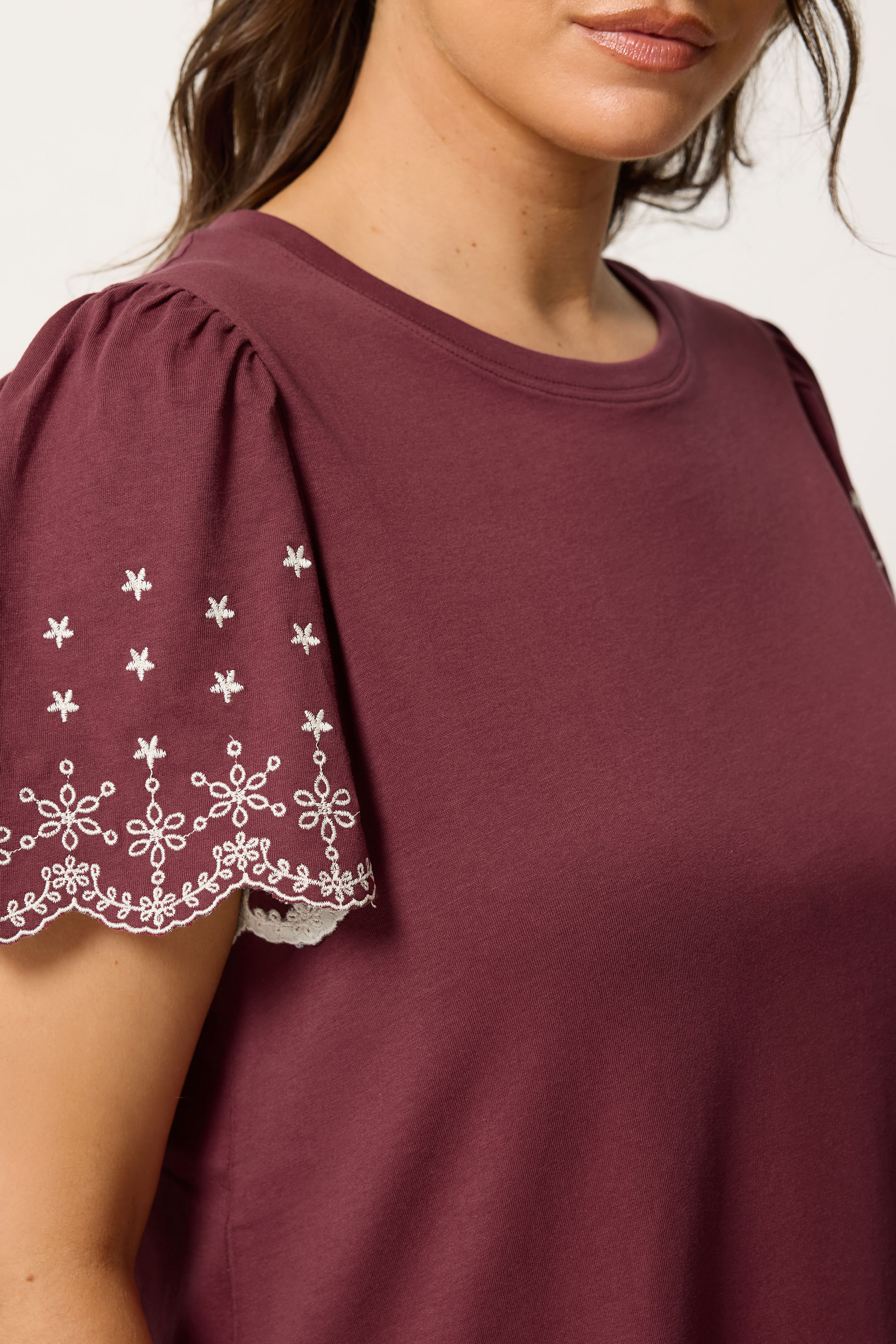 YOURS Plus Size Burgundy Red Embroidered Sleeve T-Shirt | Yours Clothing 4
