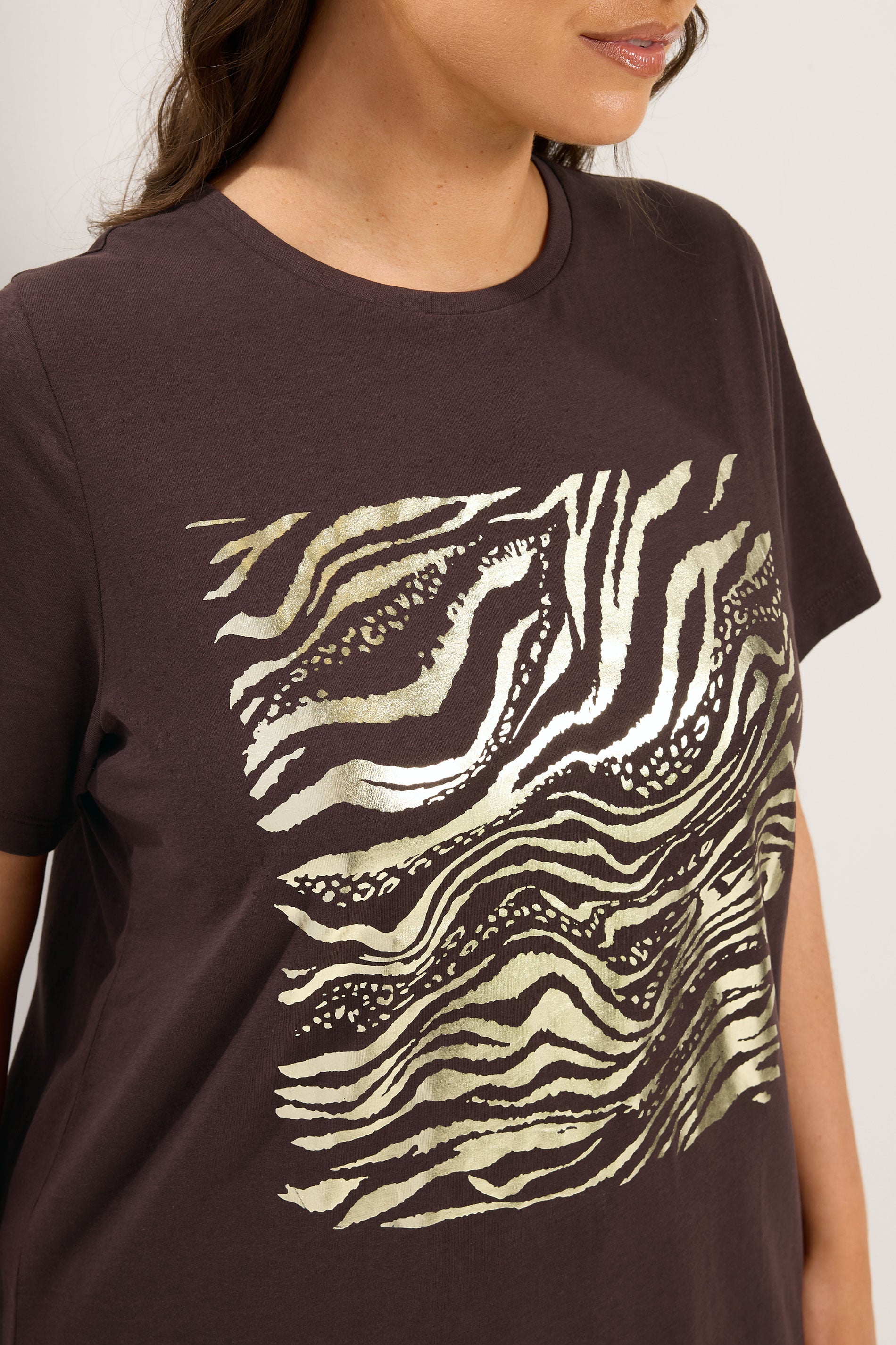 YOURS Plus Size Chocolate Brown Zebra Foil T-Shirt | Yours Clothing 4