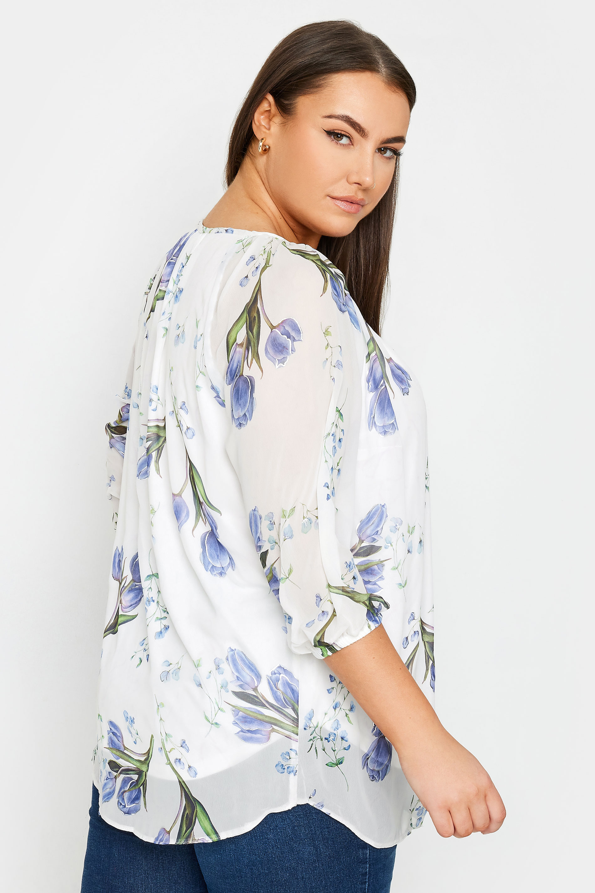 YOURS Plus Size White & Blue Floral Print Tie Neck Blouse | Yours Clothing 3