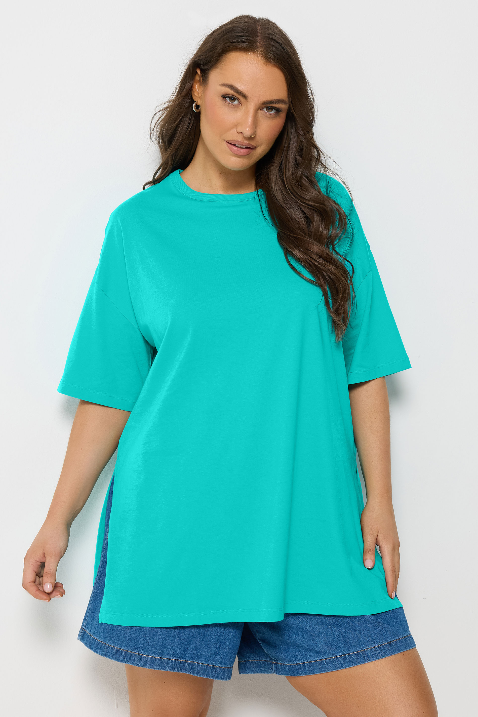 YOURS Plus Size Turquoise Side Split Longline Side T-Shirt | Yours Clothing 3