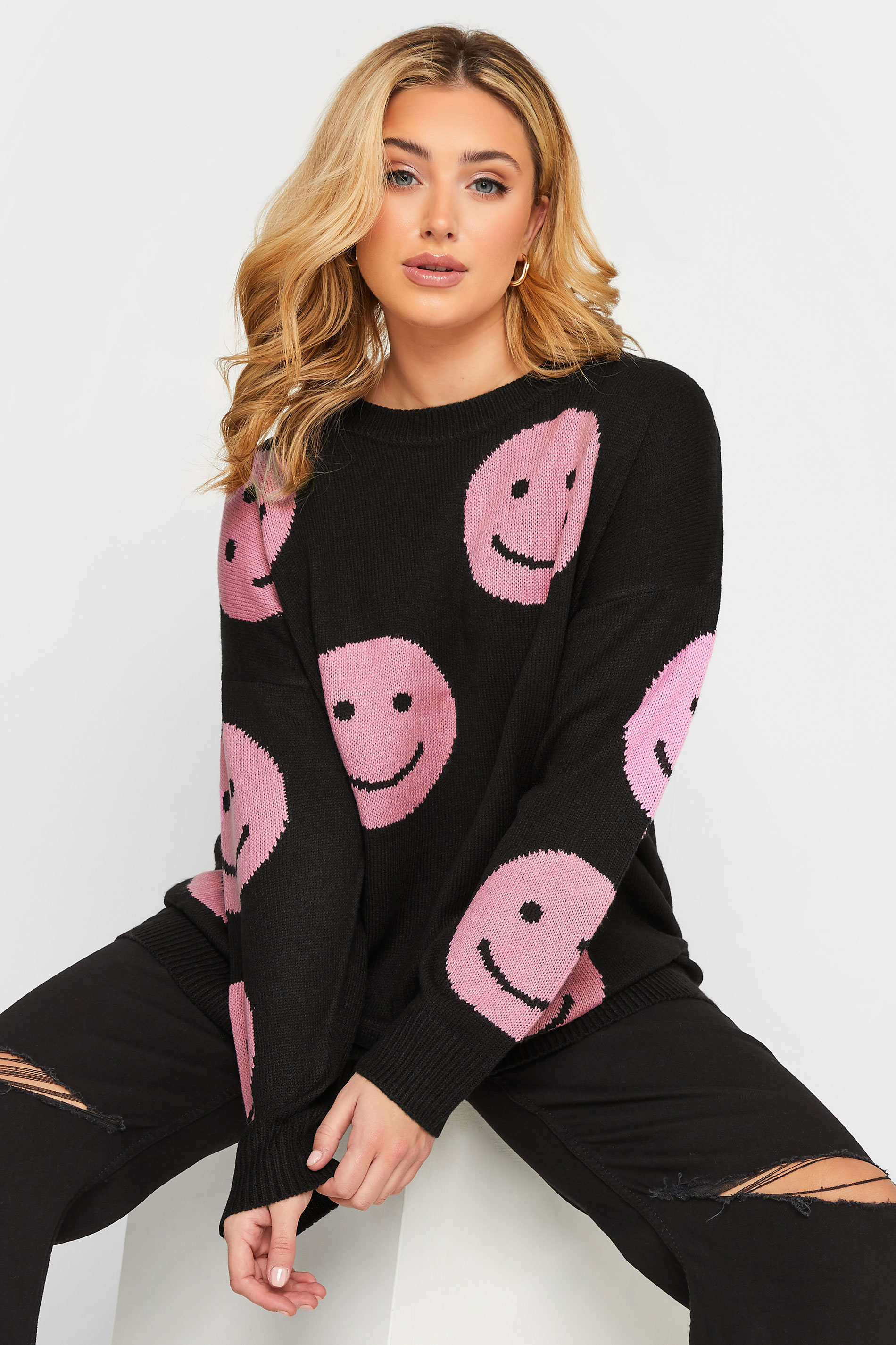 Plus Size Black Smile Jacquard Knitted Jumper | Yours Clothing 1