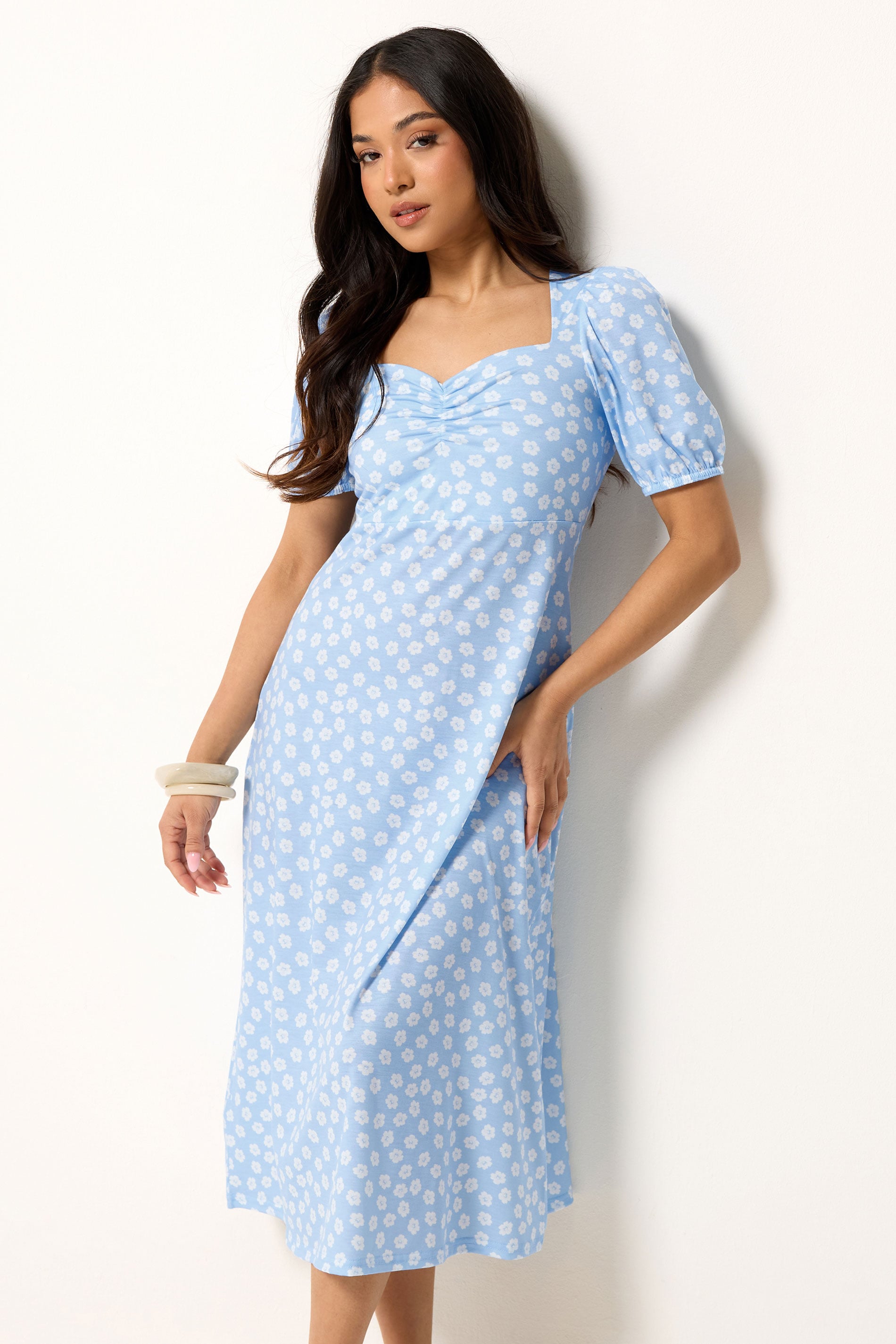 PixieGirl Petite Women's Blue Floral Ruched Midi Dress | PixieGirl 1