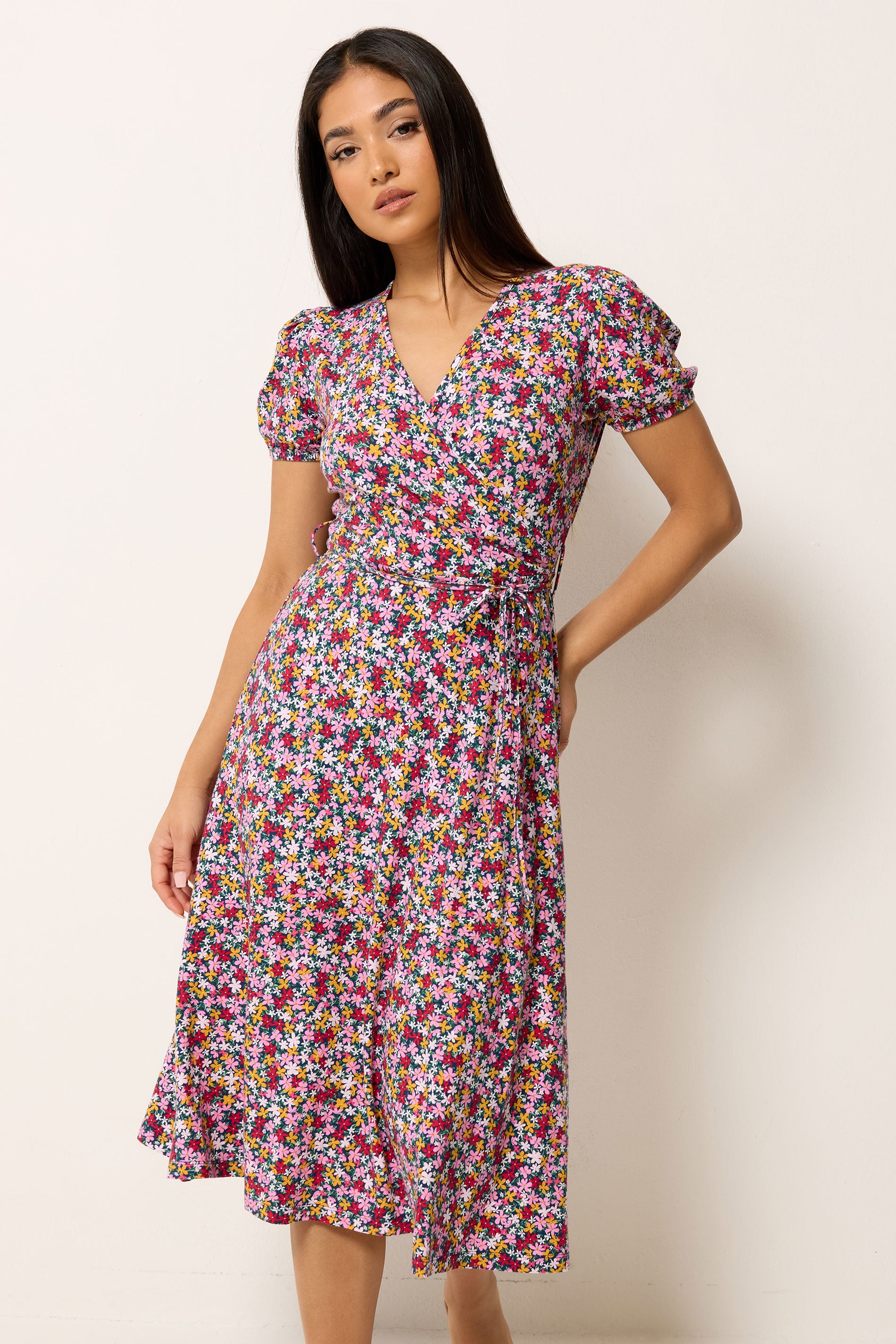 M&Co Petite Pink Ditsy Floral Midi Wrap Dress | M&Co 3