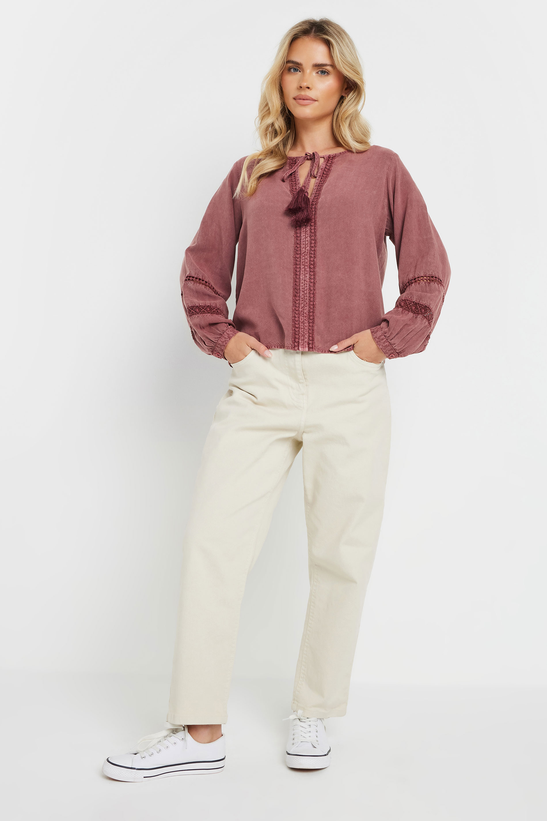 M&Co Petite Pink Long Sleeve Tie Neck Blouse | M&Co 1