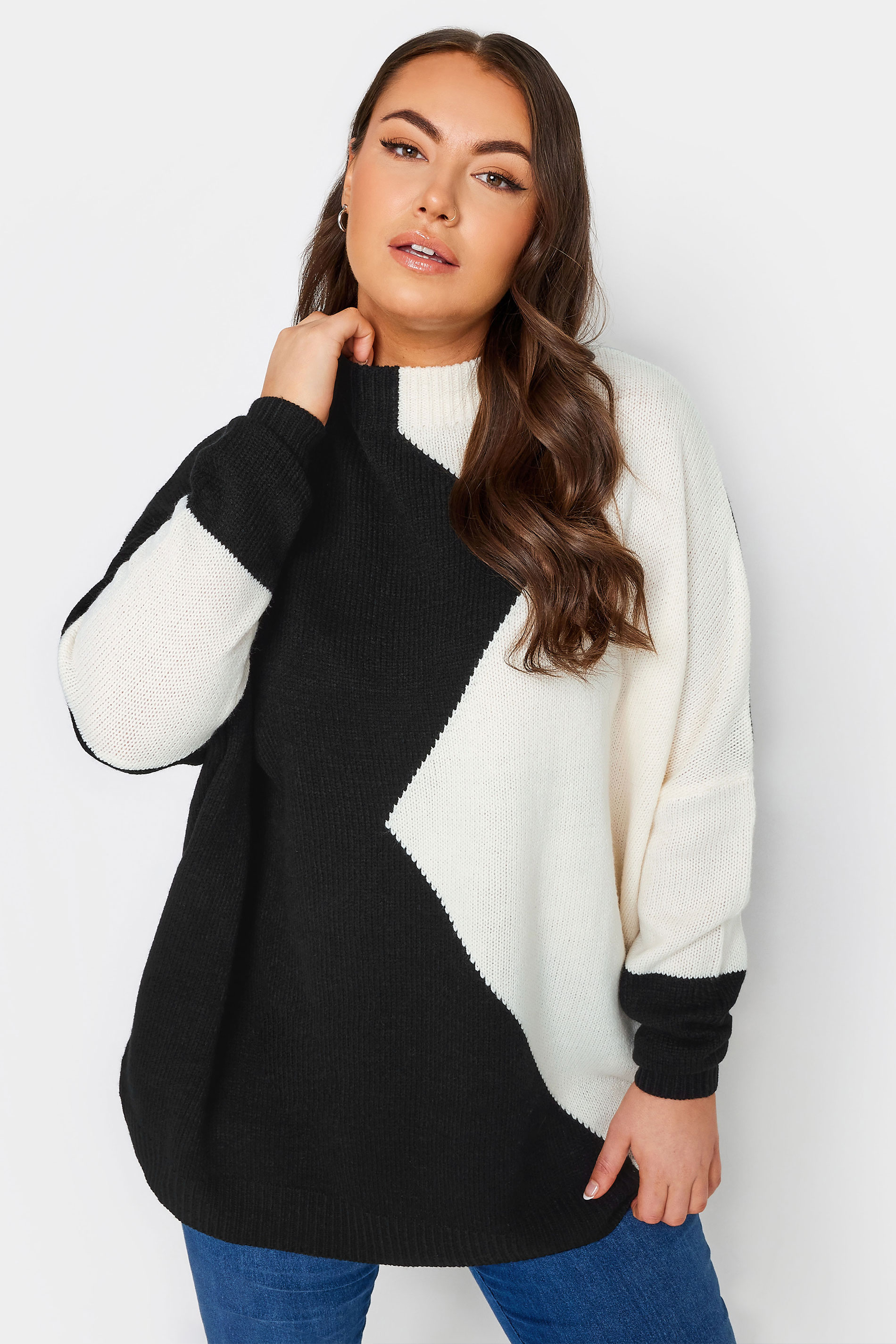 YOURS Plus Size Black & White Colourblock Knitted Jumper | Yours Clothing 1