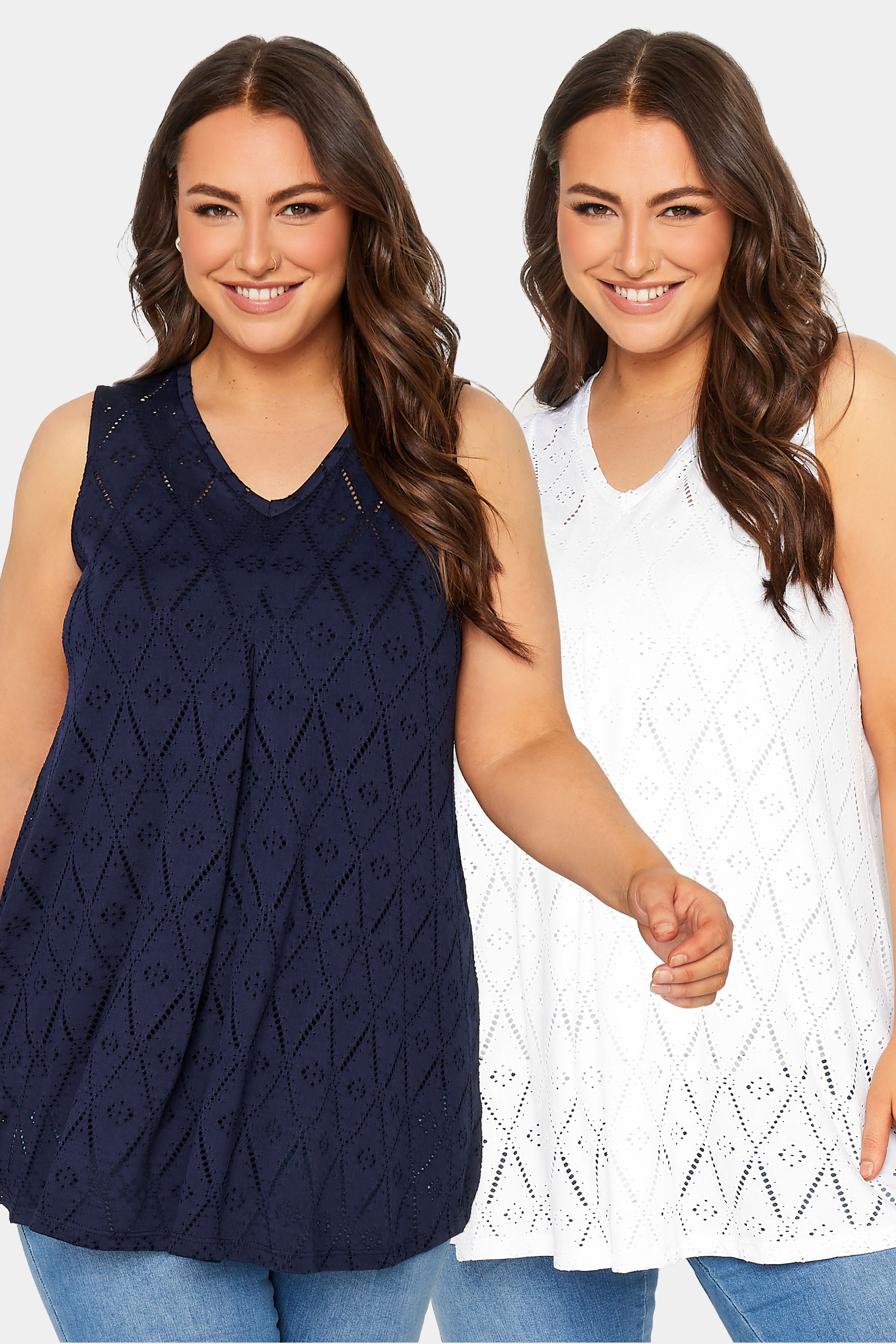 YOURS Curve 2 PACK Plus Size Navy Blue Broderie Swing Vest Top | Yours Clothing  1