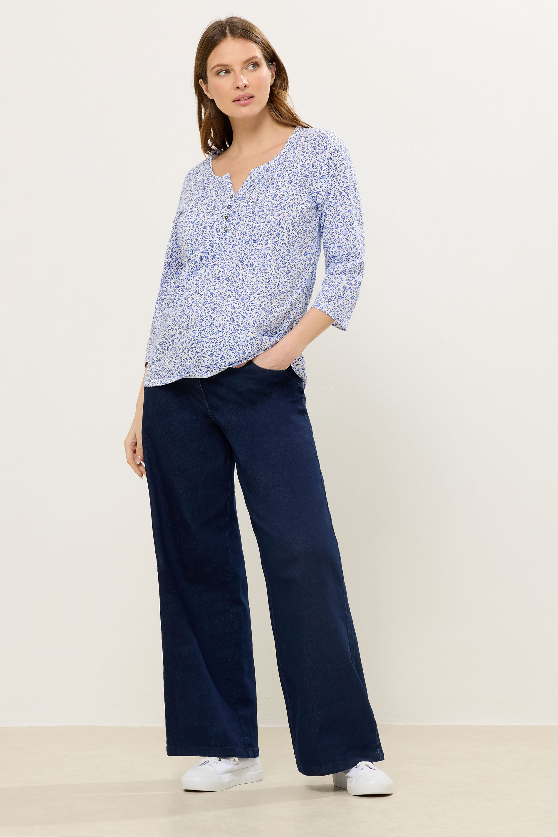 M&Co Blue Floral Cotton Henley Top | M&Co 1