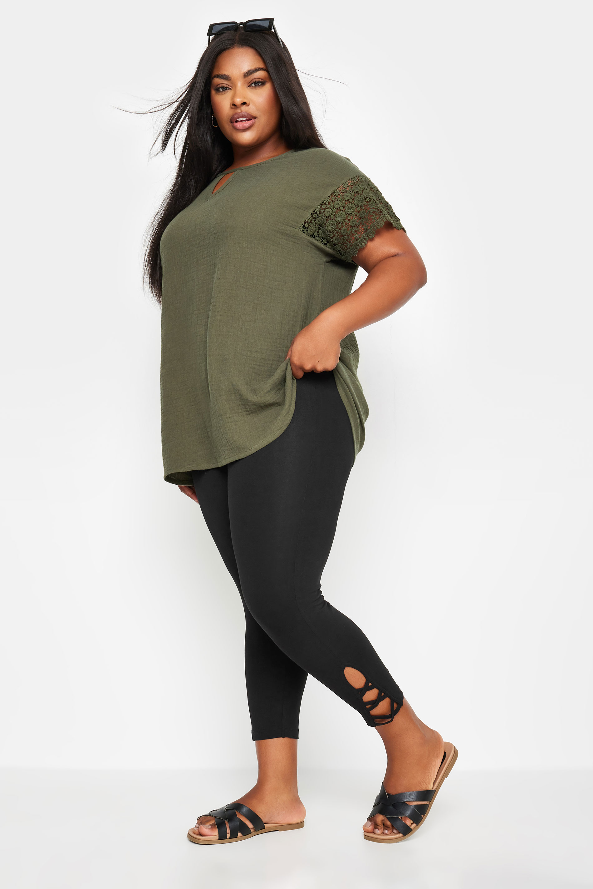 YOURS Plus Size Black Cut Out Cropped Leggings | Yours Clothing 2