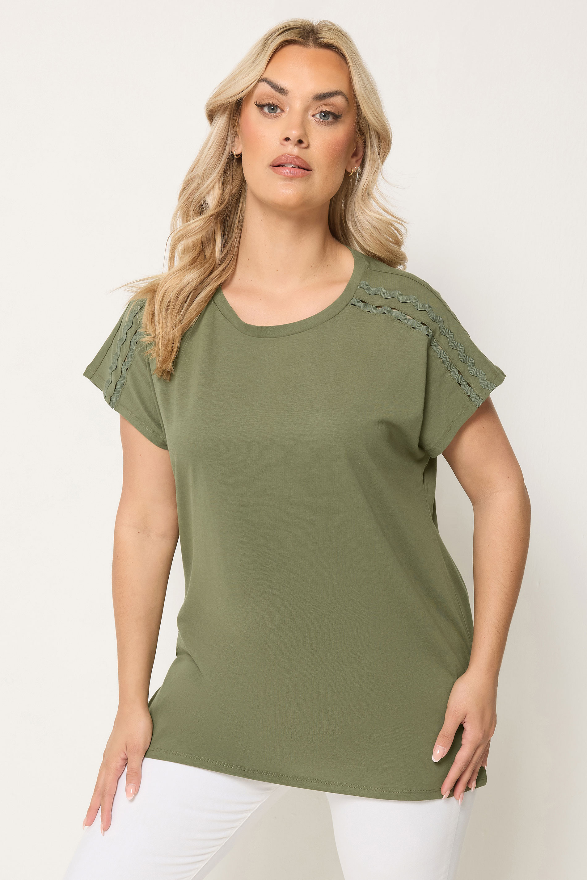YOURS Plus Size Khaki Green Trim Detail T-Shirt | Yours Clothing 3