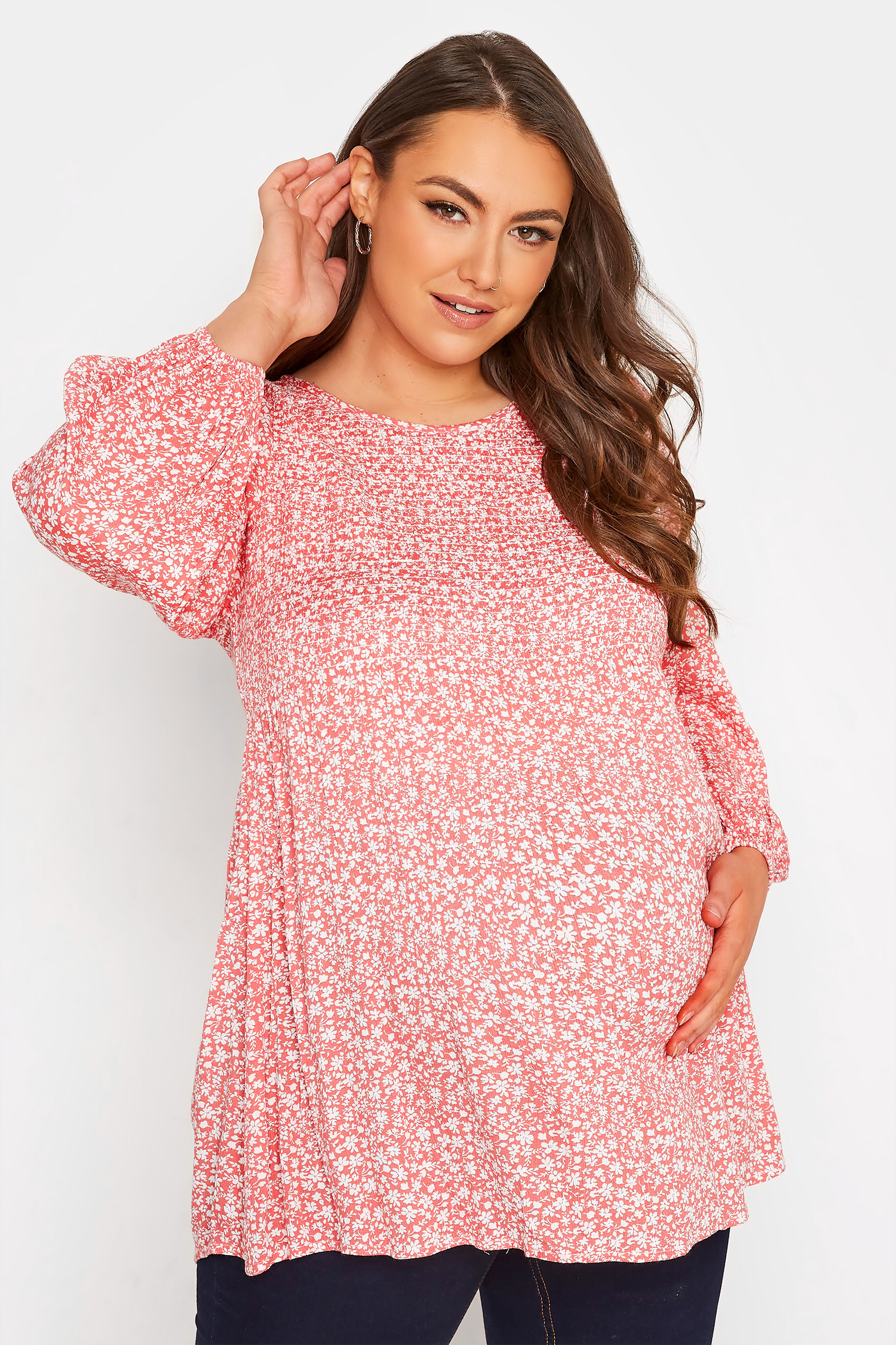 BUMP IT UP MATERNITY Plus Size Pink Ditsy Print Shirred Swing Top | Yours Clothing 1