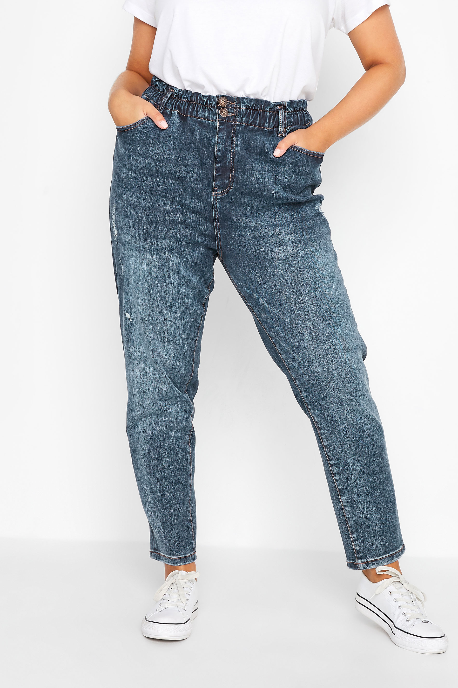 Curve Indigo Blue Washed Elasticated MOM Jeans 1