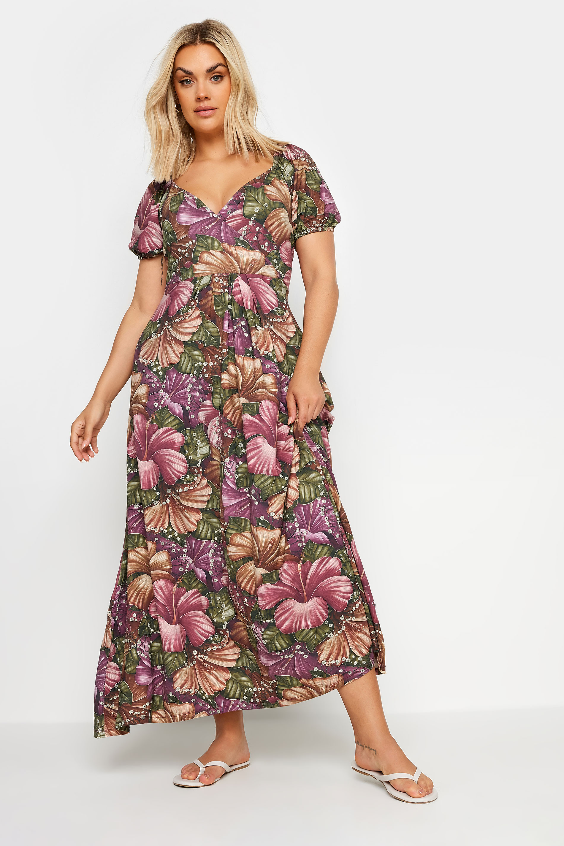 YOURS Plus Size Pink & Green Floral Print Maxi Wrap Dress | Yours Clothing