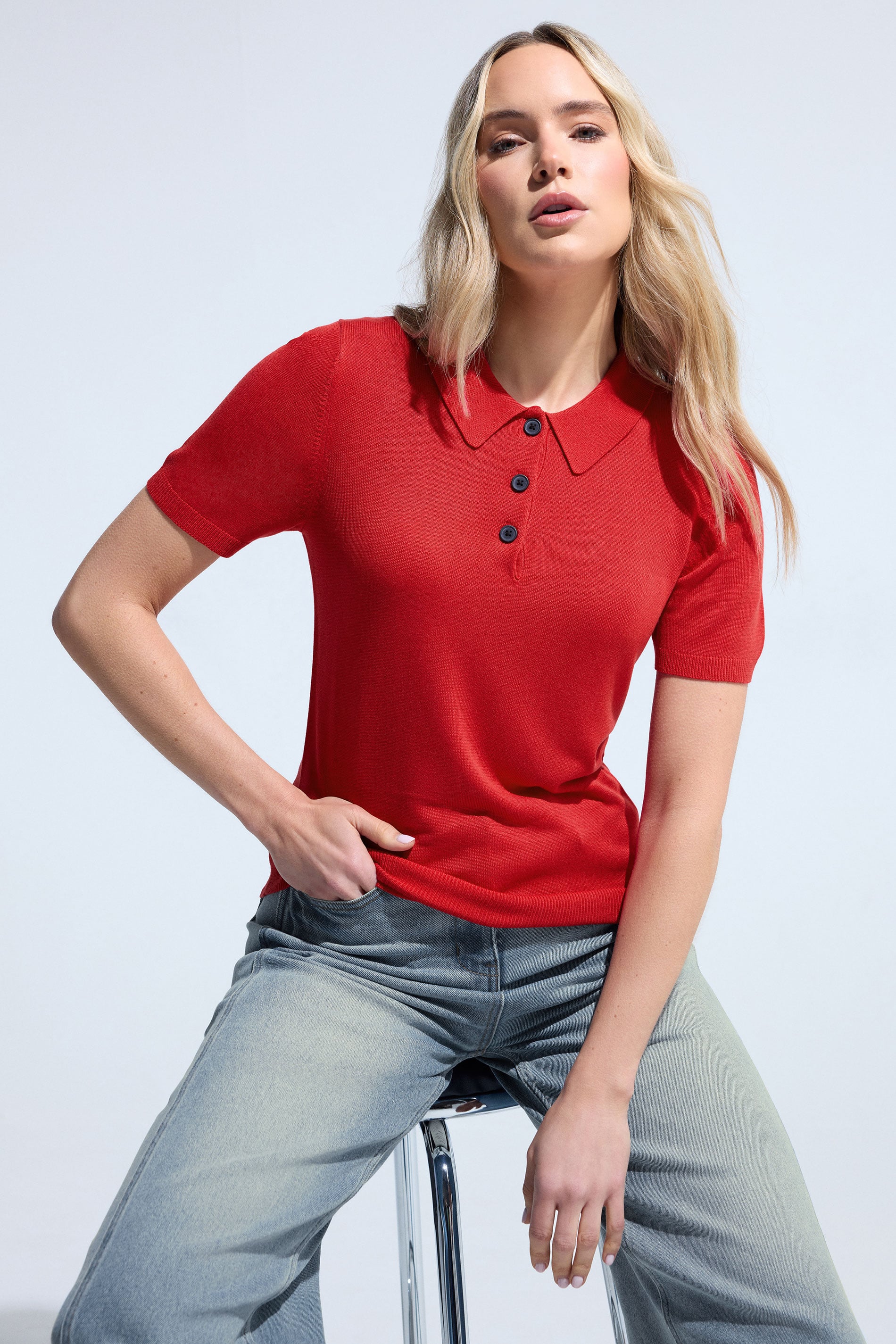 LTS Tall Women's Red Knitted Polo Top | Long Tall Sally 3