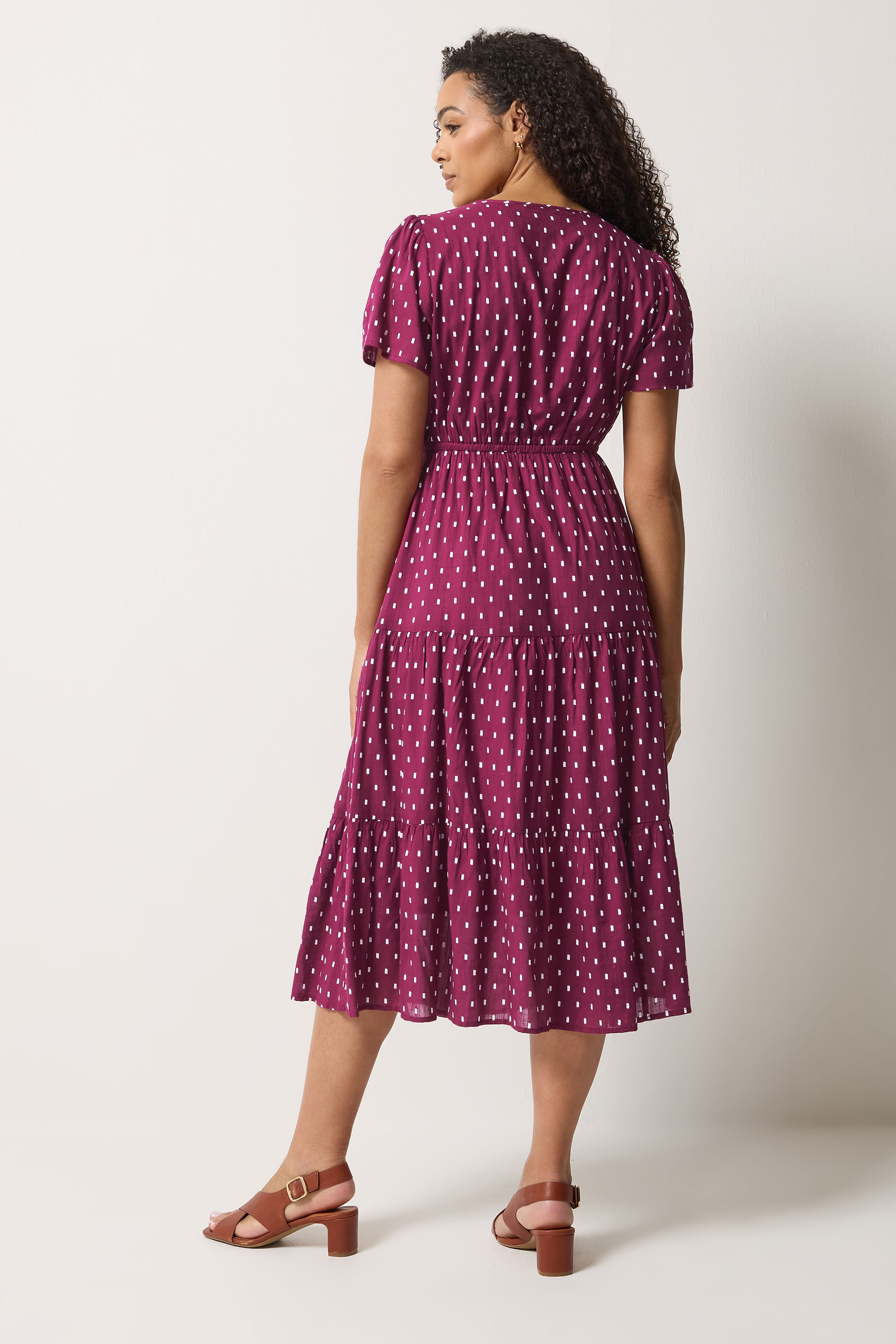 M&Co Berry Red Dobby Tiered Cotton Midi Dress | M&Co 2