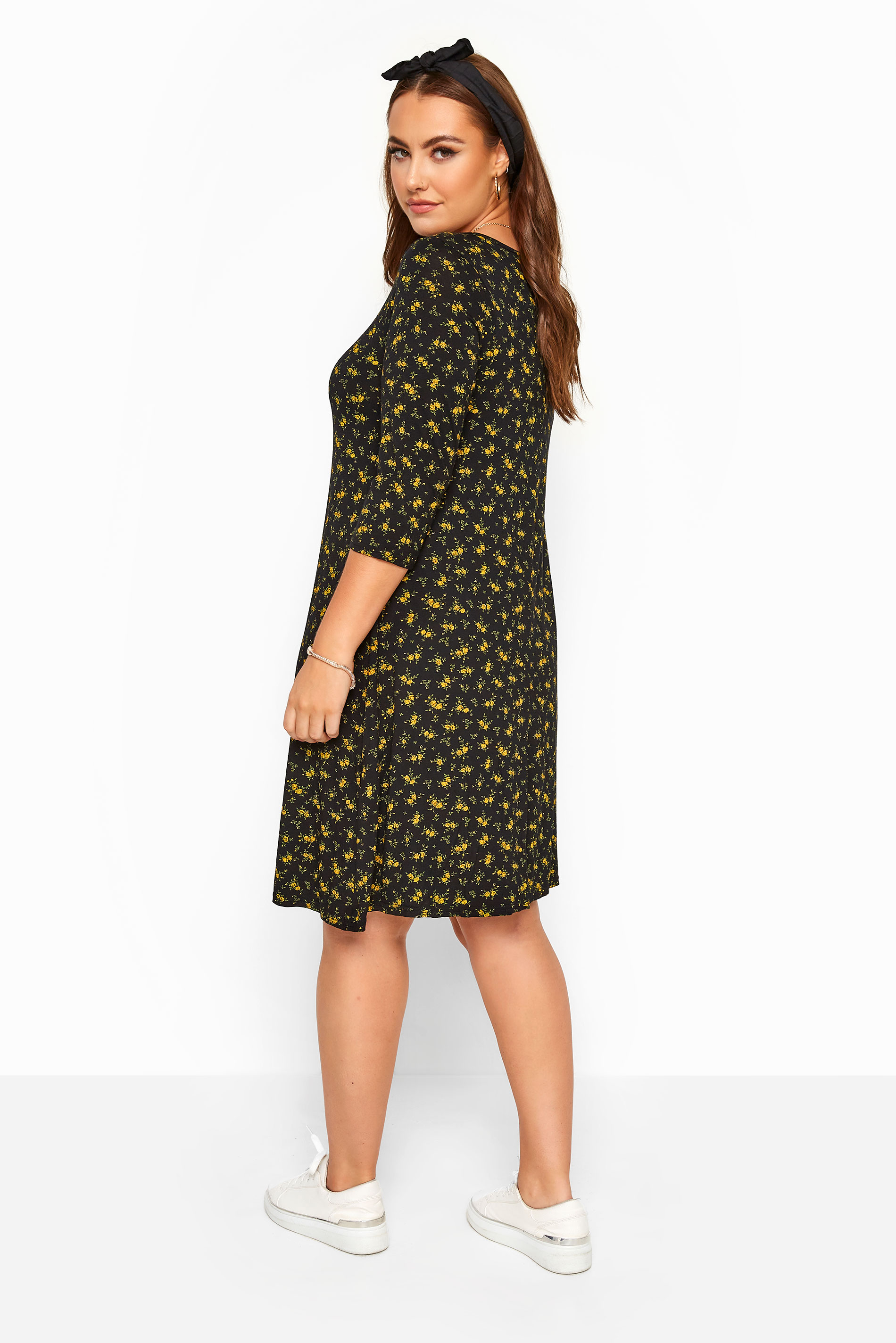 Black & Mustard Yellow Floral Swing Dress | Yours Clothing