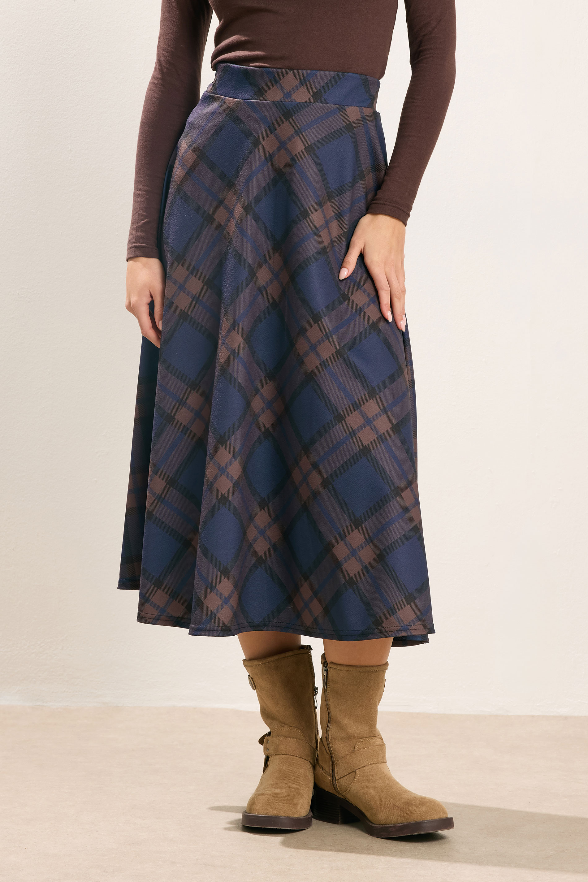 PixieGirl Petite Women's Brown & Blue Check Midi Skirt | PixieGirl 1