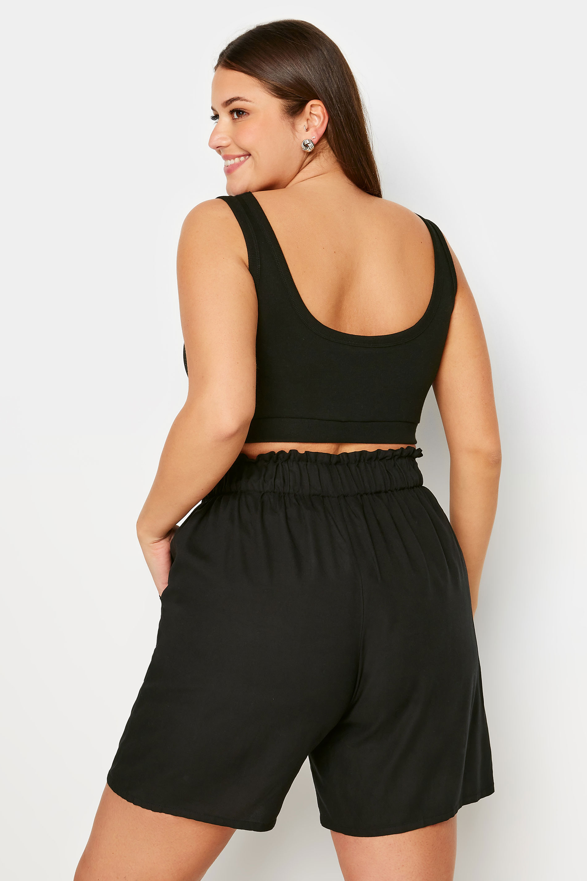 YOURS Plus Size Black Button Front Paperbag Shorts | Yours Clothing 3