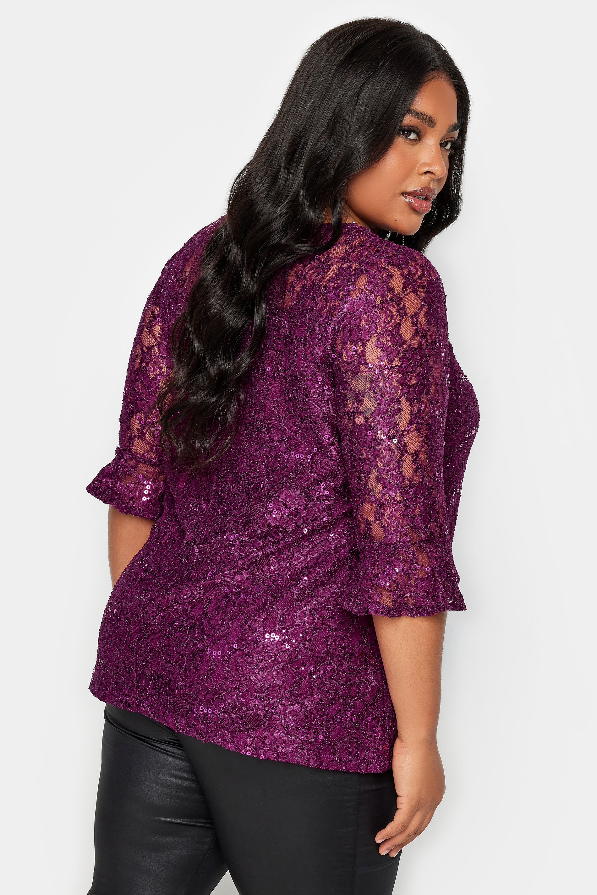 YOURS Plus Size Purple Lace Sequin Embellished Swing Top | Yours Clothing 3
