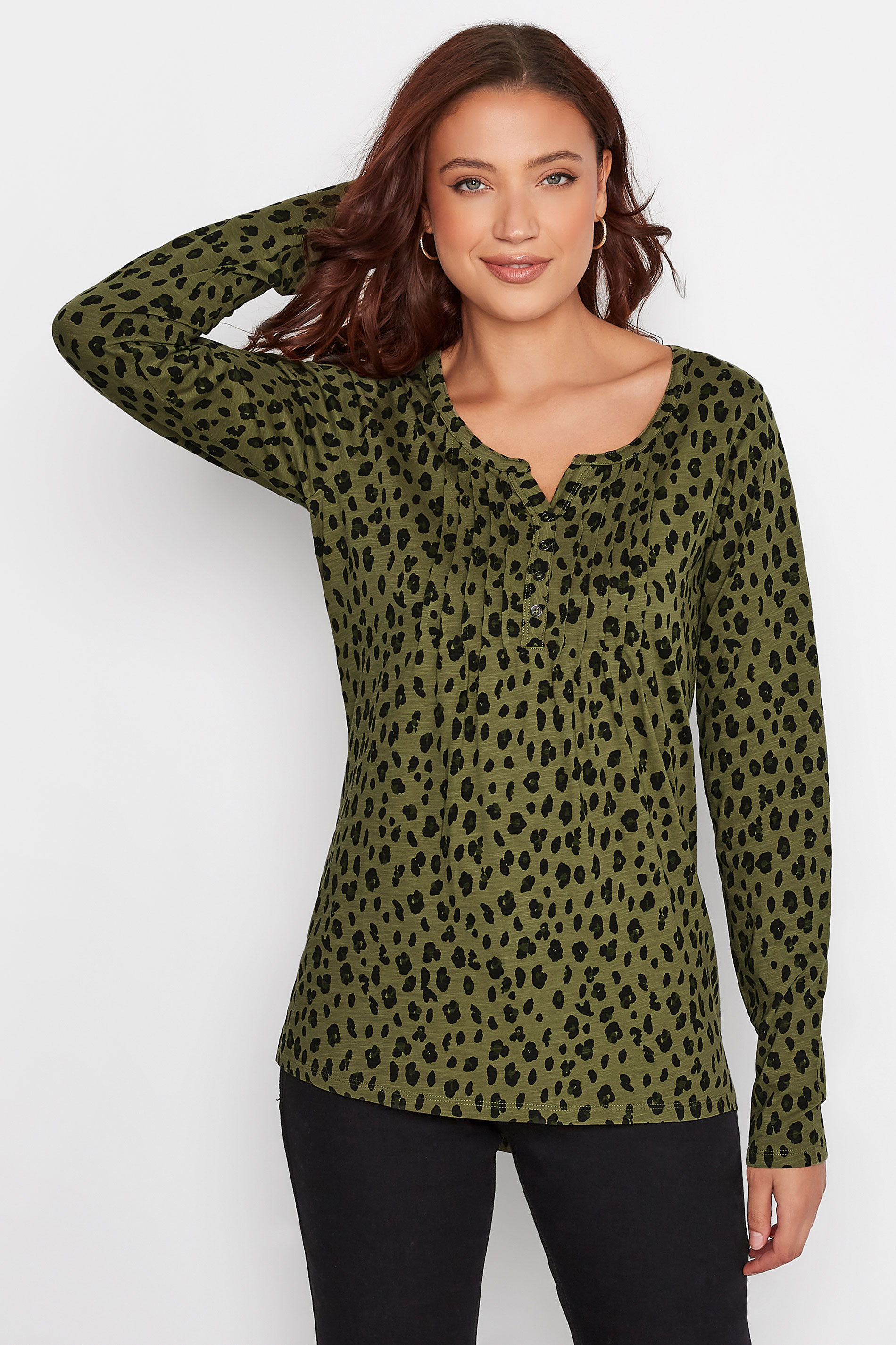 LTS Tall Women's Khaki Green Animal Print Henley T-Shirt | Long Tall Sally 1