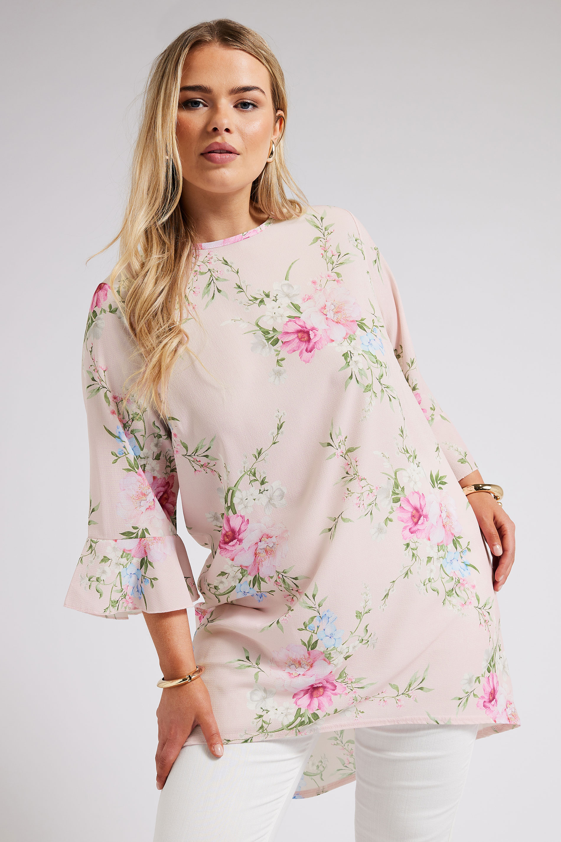 YOURS LONDON Plus Size Pink Floral Flute Sleeve Tunic | Yours Clothing 1