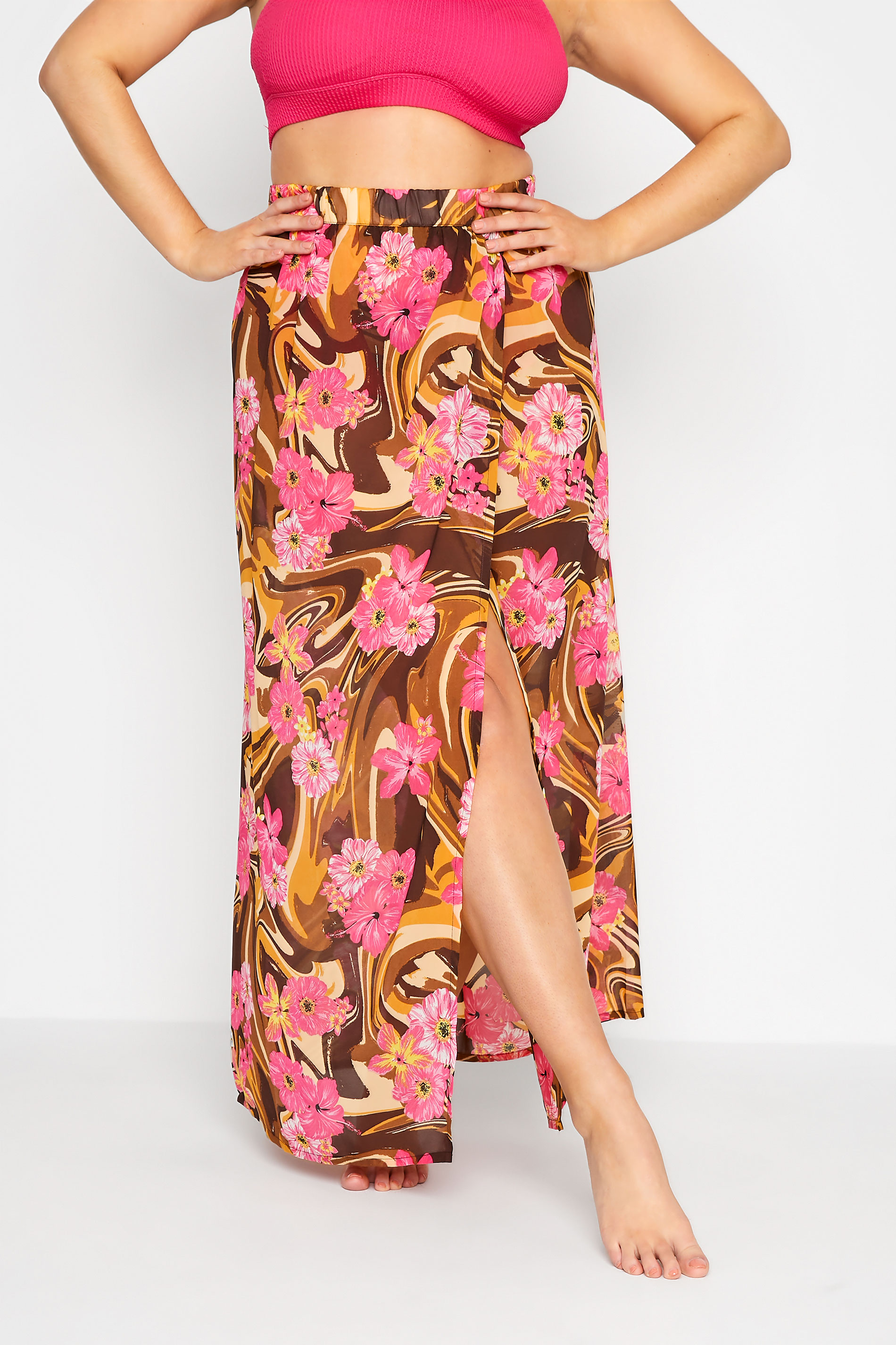 Plus Size Brown Marble Floral Print Side Split Beach Skirt | Yours Clothing 1