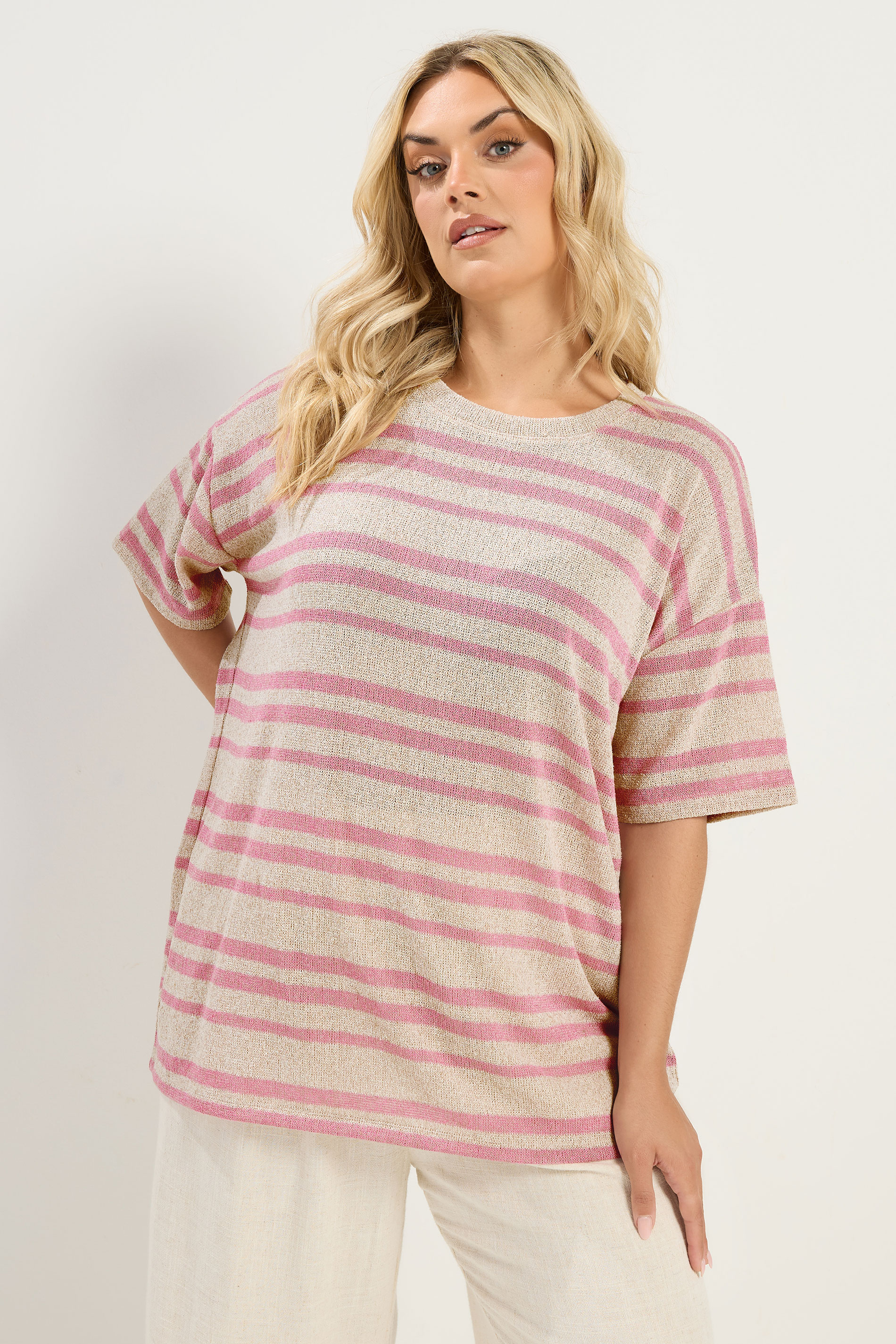 YOURS Plus Size Women's Pink Striped Knitted Boxy T-Shirt | Yours Clothing 3
