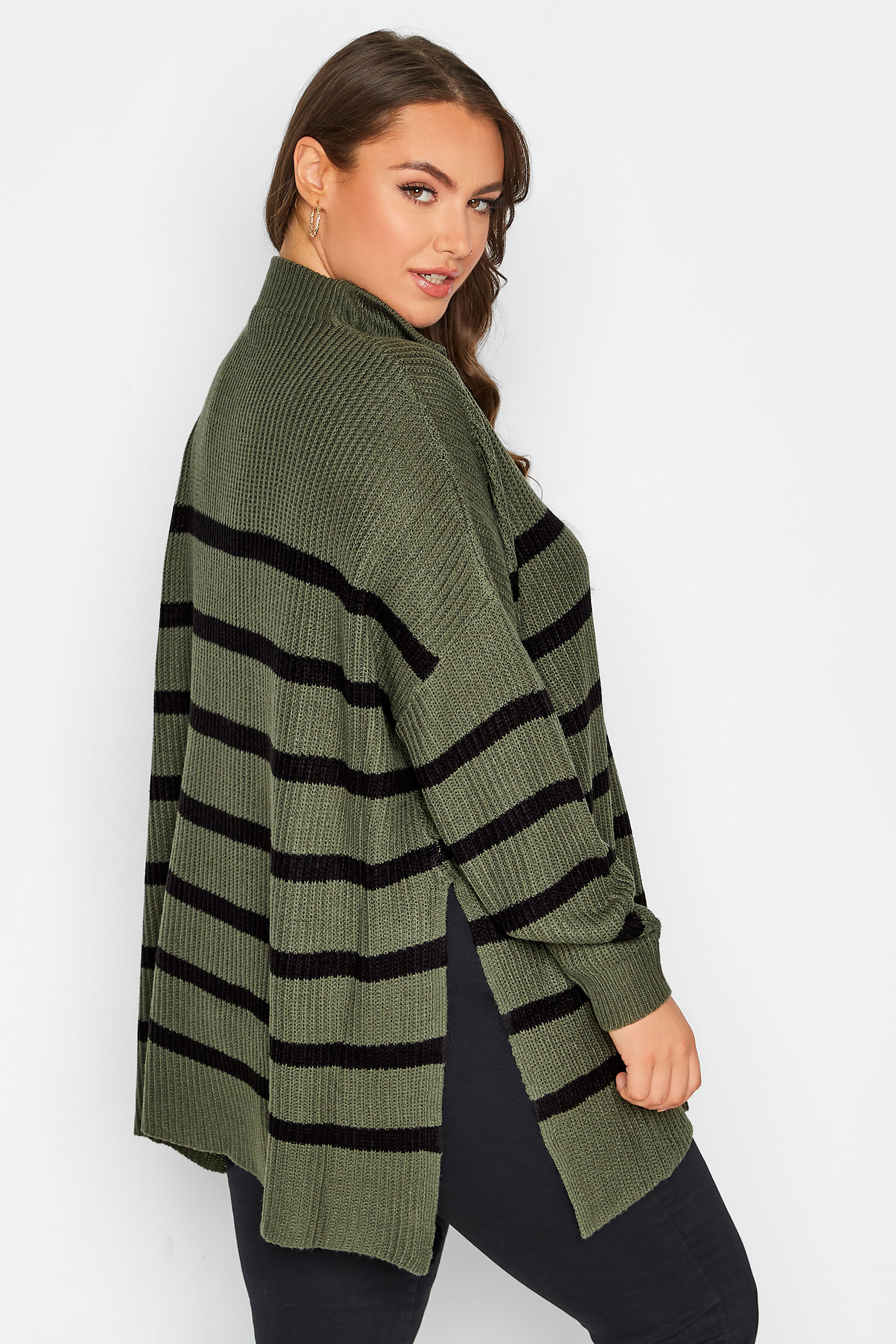 Curve Khaki Green Stripe Quarter Zip Knitted Jumper | Yours Clothing  3