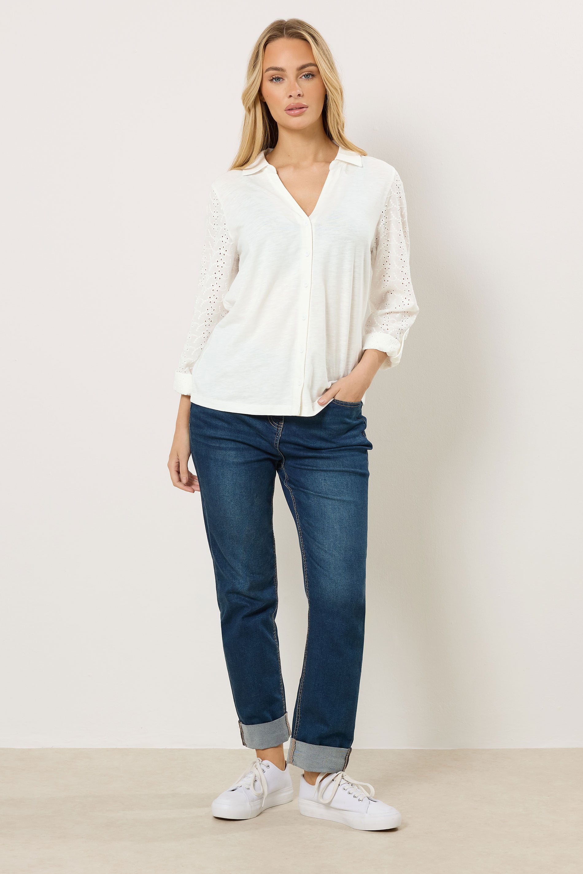 M&Co White Broderie Sleeve Cotton Shirt | M&Co 1