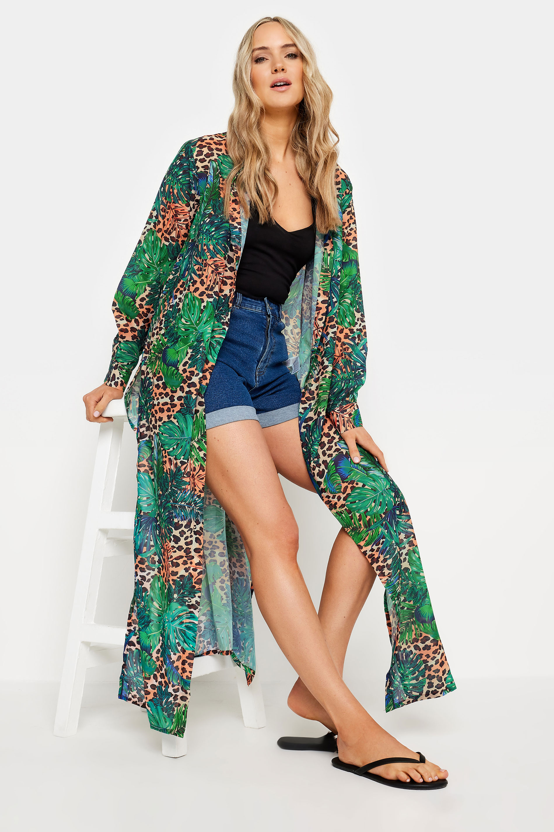 LTS Tall Women's Blue & Brown Tropical Leopard Print Longline Beach Shirt | Long Tall Sally 3